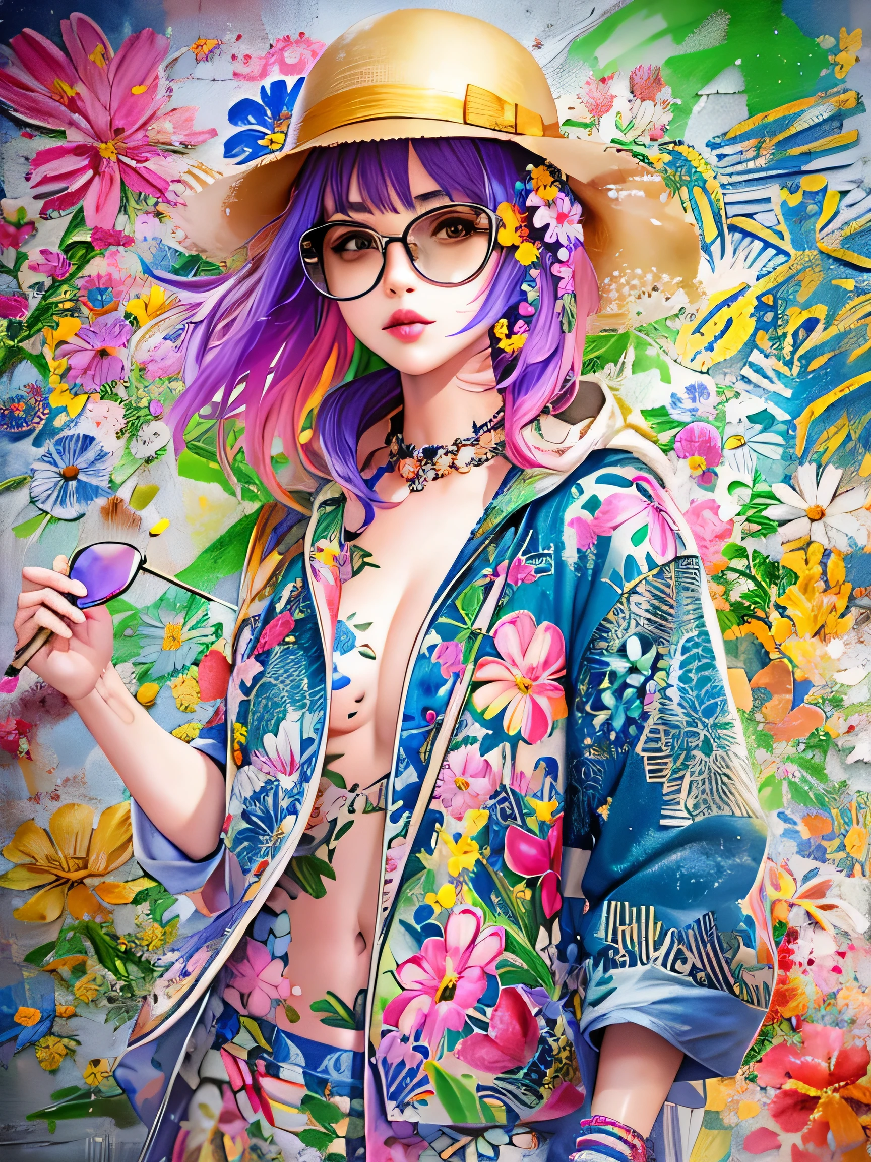 8K quality, watercolor painting, stylish design, (((The strongest beautiful girl of all time))), (((Japanese)))、Idol、clear, Stylish sunglasses, Fashionable hats, (((highest quality))), bob hair, Place your hands on the wall, HDR, ((Detailed details)), stylish fashion, detailed clothing texture, (((graffiti art))), colorful hair, ((masterpiece))、((Super detailed))、(((colorful flowers)))、Navel exposure、I can see your nipples、Fashionable underwear