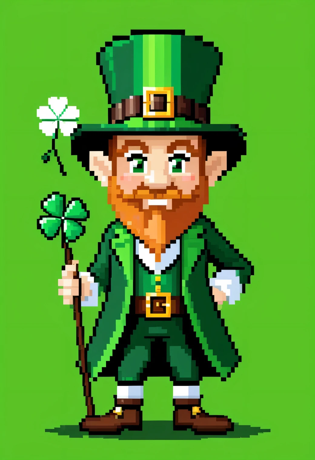 Pixel art, create a greeting card for St. Valentine&#39;s Day.. Patrick&#39;s Day, the card depicts a Leprechaun in a traditional Irish folk costume., The card depicts a symbol of good luck - a four-leaf clover.., pixel art image, 16-bit colors, High detail, A high resolution