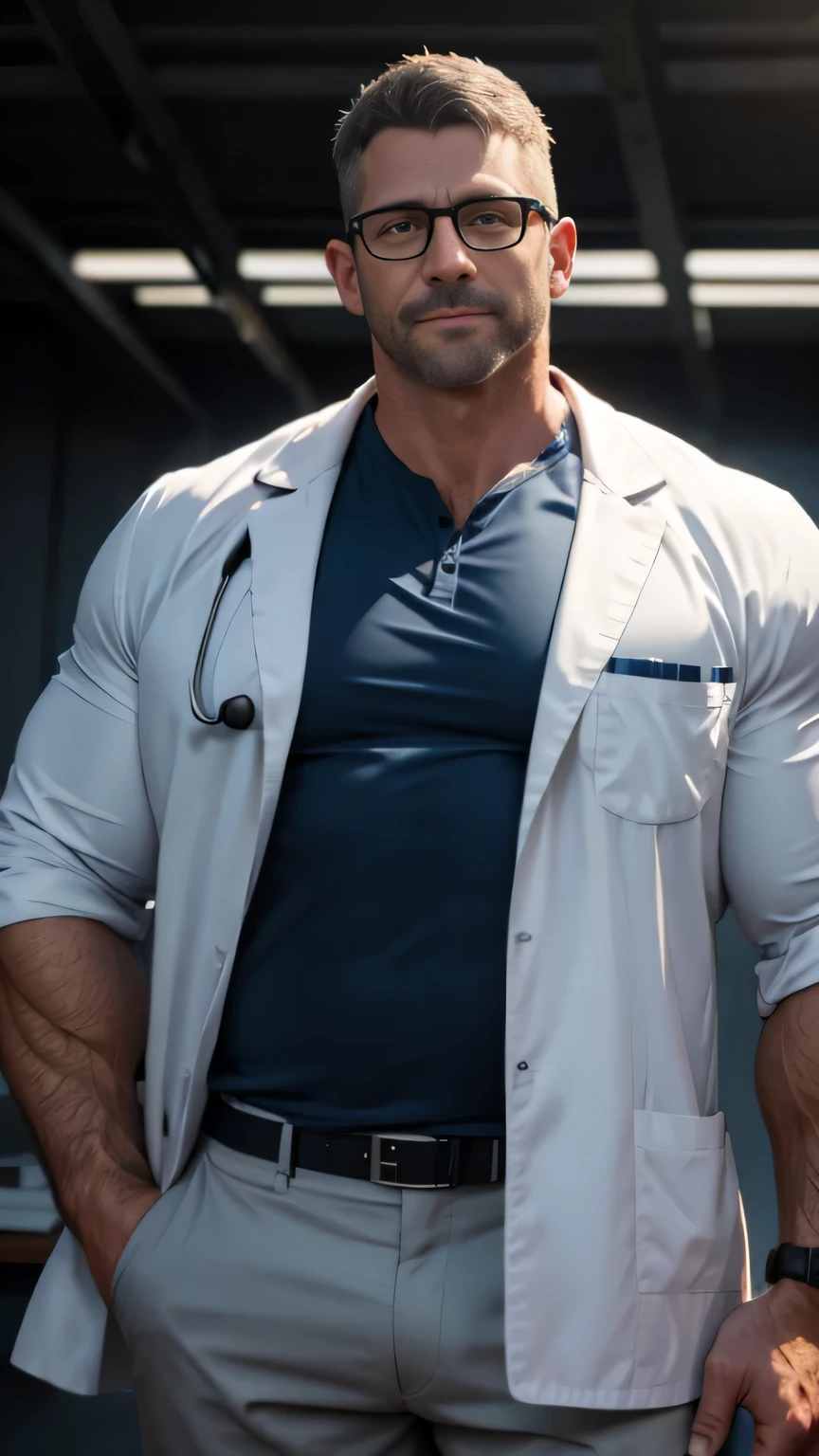 An award-winning original photo,A wild muscular man, (40 years old daddy:1.1), 1boy, Solo, doctor, (white lab coat, formal blue shirt, Stethoscope), black with gray hair, (big shoulder), musculature, stubbles, Short beard, wearing glasses, smiles, Dynamic Angle, volumetric lighting, (Best quality, A high resolution, Photorealistic), Cinematic lighting, Masterpiece, RAW photo, Intricate details, hdr, depth of field, from below