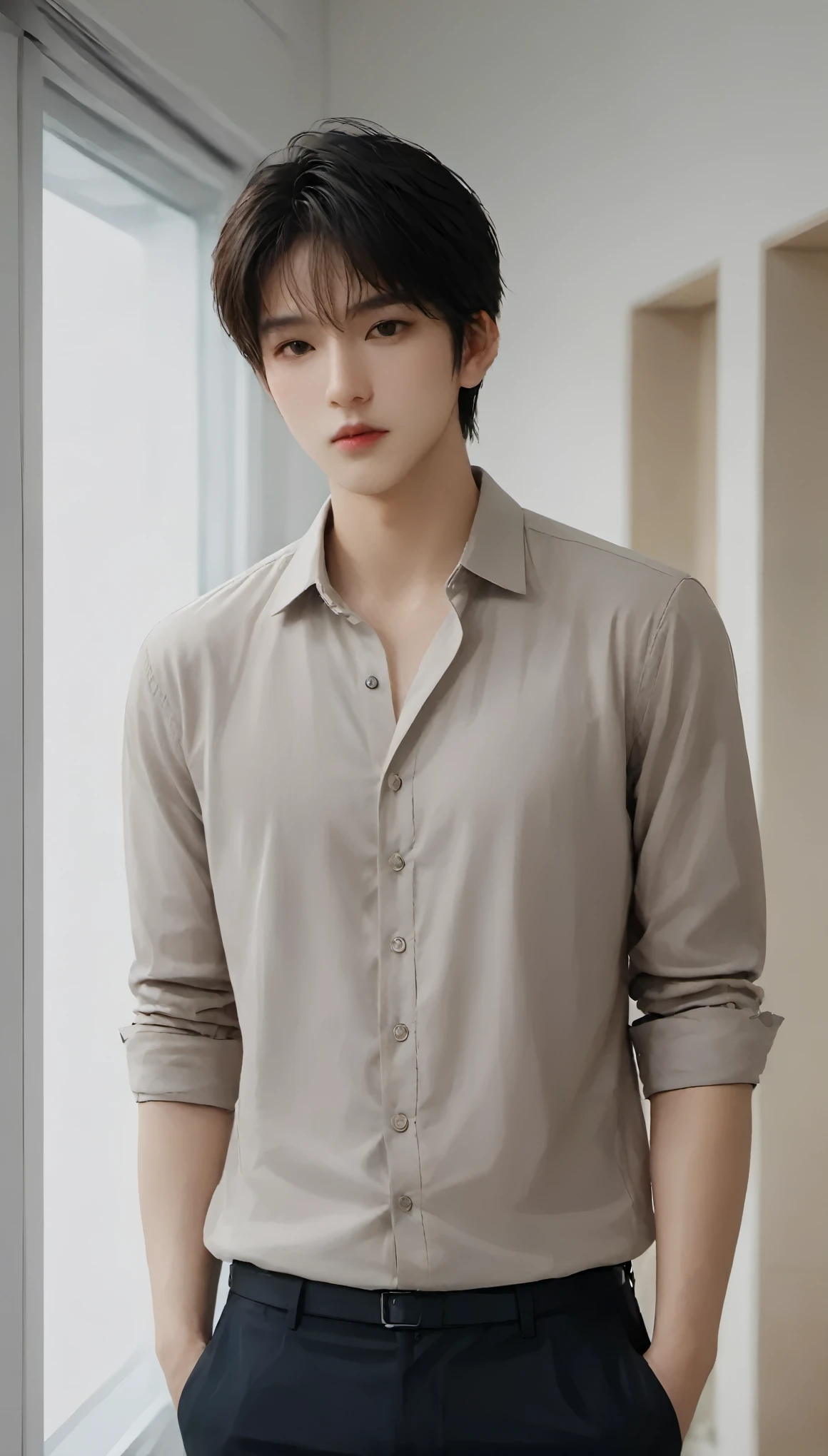 (masterpiece, best quality:1.2),1boy,asian,black eyes,black hair,brown eyes,closed mouth,collared shirt,grey background,lips,Middle split head,standing,indoor,Close ups,looking at viewer,nose,realistic,shirt,Long hair,simple background,solo,white shirt,wing collar
