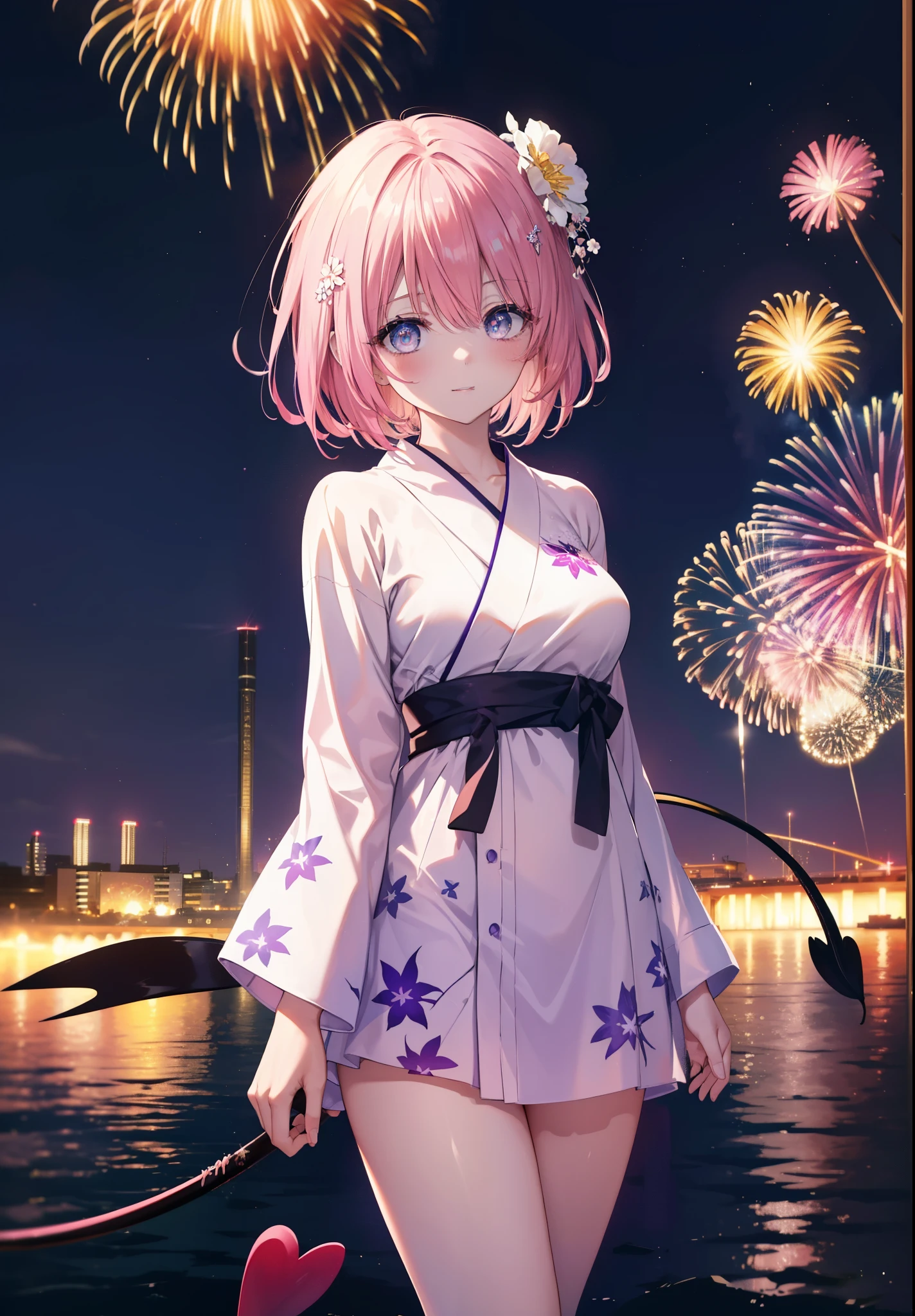 Momodel Luke, Momo model building rook, demon tail, hair flower, hair ornaments, (purple eyes:1.1), blush,smile,happy atmosphere,open your mouth,pink hair, short hair, tail,pink gorgeous yukata,Zori sandals,fireworks in the night sky、rise rapidly,The place is a fireworks display,Time is night,sunny day,全身がイラストに入るように
break demon tail,
break outdoors,
break looking at viewer, (cowboy shot:1.5),
break (masterpiece:1.2), highest quality, High resolution, unity 8k wallpaper, (shape:0.8), (beautiful detailed eyes:1.6), extremely detailed face, perfect lighting, extremely detailed CG, (perfect hands, perfect anatomy),