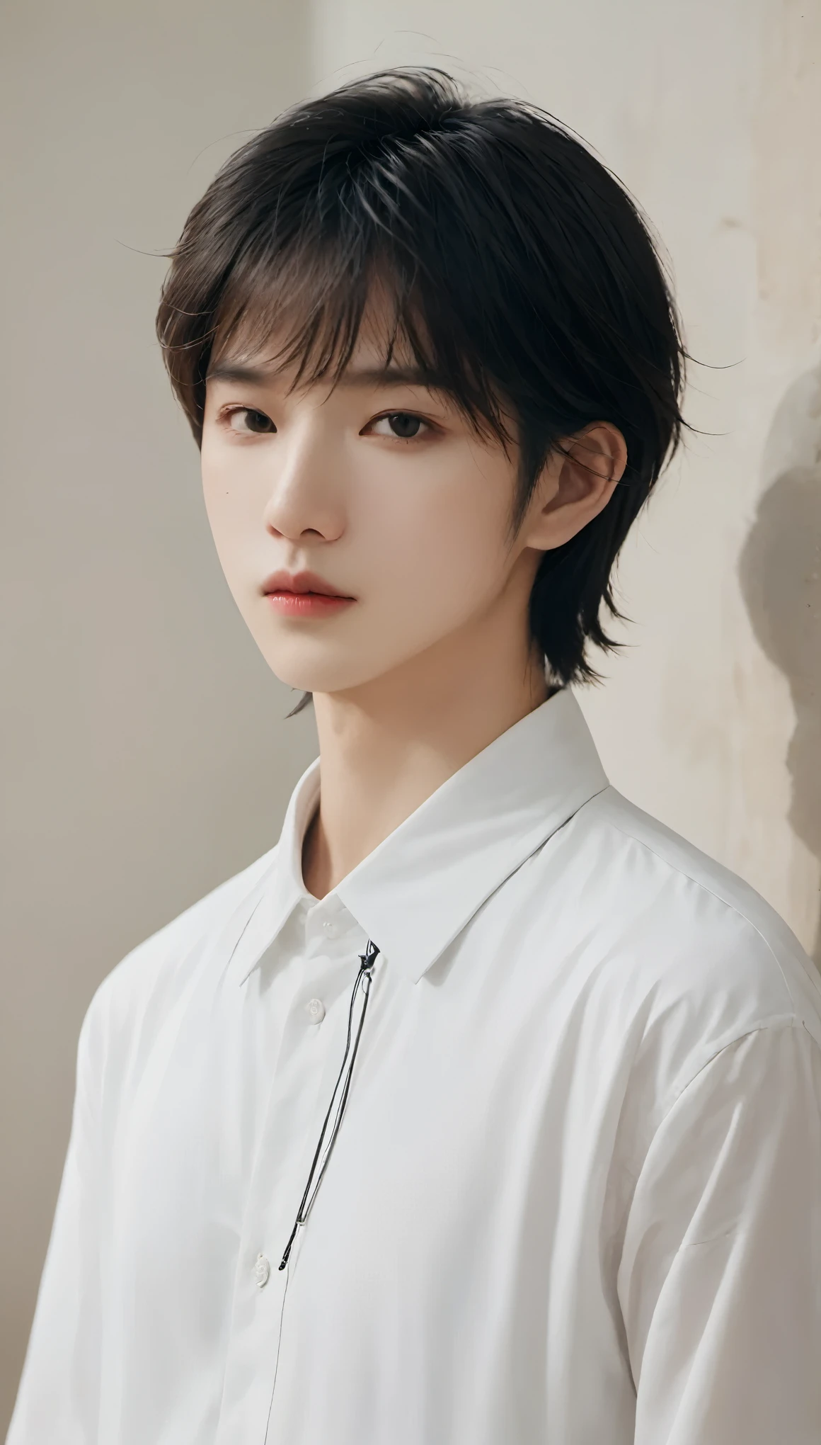 (masterpiece, best quality:1.2),1boy,asian,black eyes,black hair,brown eyes,closed mouth,collared shirt,grey background,lips,Middle split head,standing,indoor,Close ups,looking at viewer,nose,realistic,shirt,Long hair,simple background,solo,white shirt,wing collar
