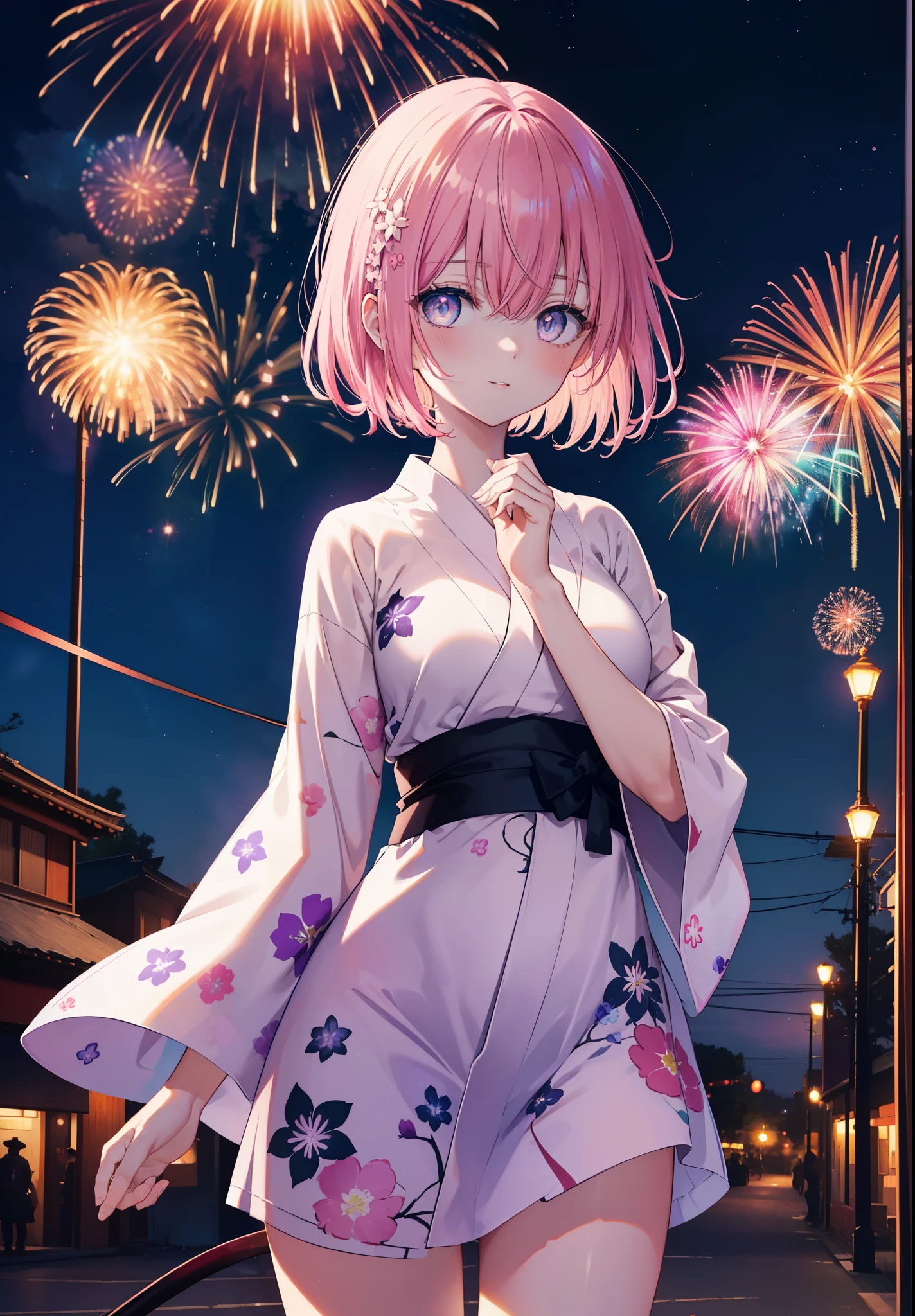 Momodel Luke, Momo model building rook, demon tail, hair flower, hair ornaments, (purple eyes:1.1), blush,smile,happy atmosphere,open your mouth,pink hair, short hair, tail,pink gorgeous yukata,Zori sandals,fireworks in the night sky、rise rapidly,The place is a fireworks display,Time is night,sunny day,全身がイラストに入るように
break demon tail, 
break outdoors,
break looking at viewer, (cowboy shot:1.5),
break (masterpiece:1.2), highest quality, High resolution, unity 8k wallpaper, (shape:0.8), (beautiful detailed eyes:1.6), extremely detailed face, perfect lighting, extremely detailed CG, (perfect hands, perfect anatomy),