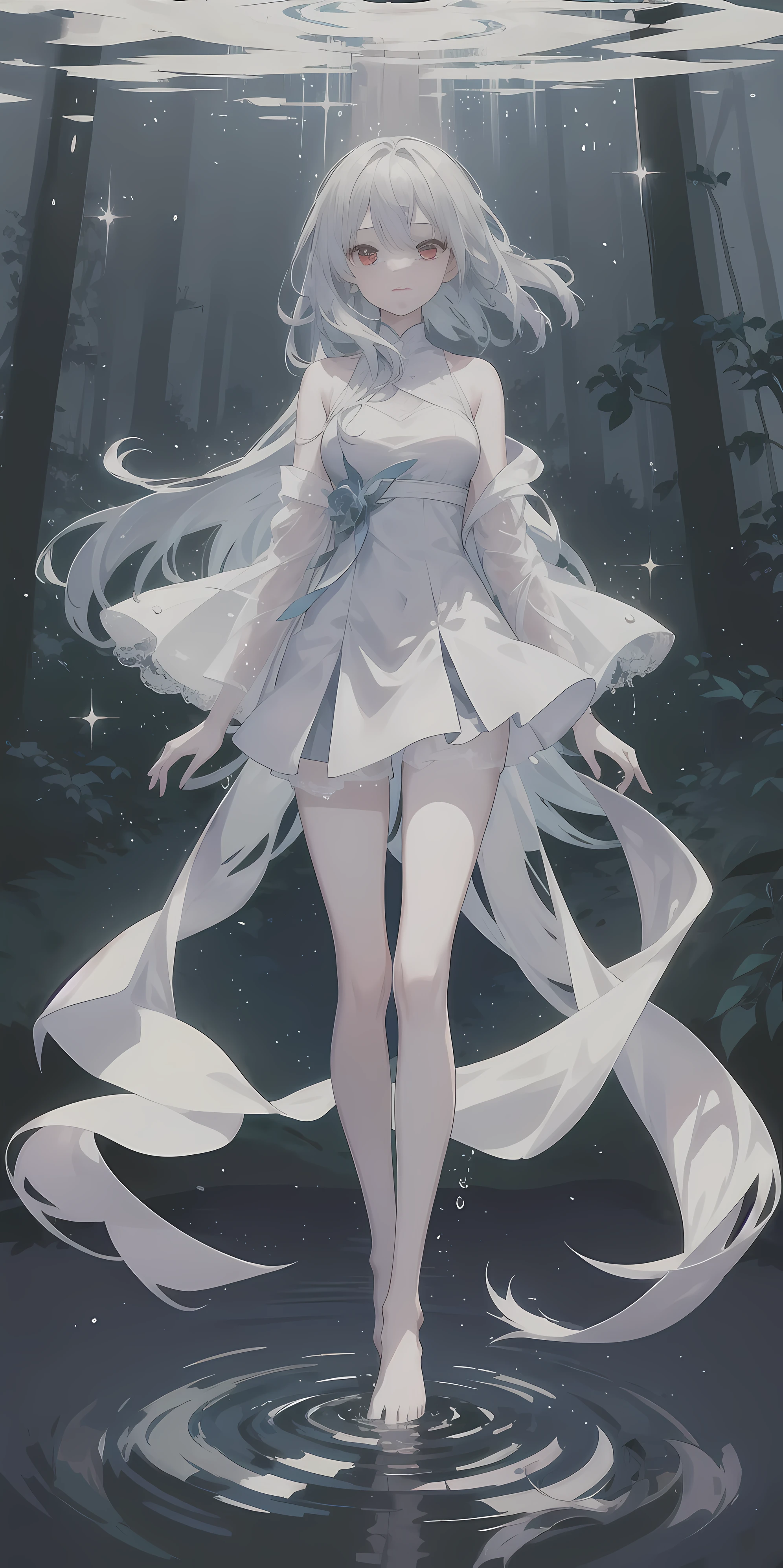 Ultra HD quality,8K,Dreamy beautiful moonlight in dark forest。View of a 15-year-old girl from above。(Wet messy silver hair and red eyes)。smile slightly。She only wore a long transparent white cloth,It has beautiful lace trim on it。Soak the cloth in water。(splashing in the dark forest lake at night)。(Hair or clothes are wet)。splash。Wet hair。Dripping water droplets。梦幻般的萤火虫在空中float、Light also reflects from water。near method and far method。glitter effects。Dynamic composition with depth。extremely high quality、high level of image quality、extremely refined。Rare workmanship,round,Room, Strong breasts),barefoot,float,water surface,(long legs,long legs,long legs,Gestalt),full-body shot。standing posture,Put your hands behind your back