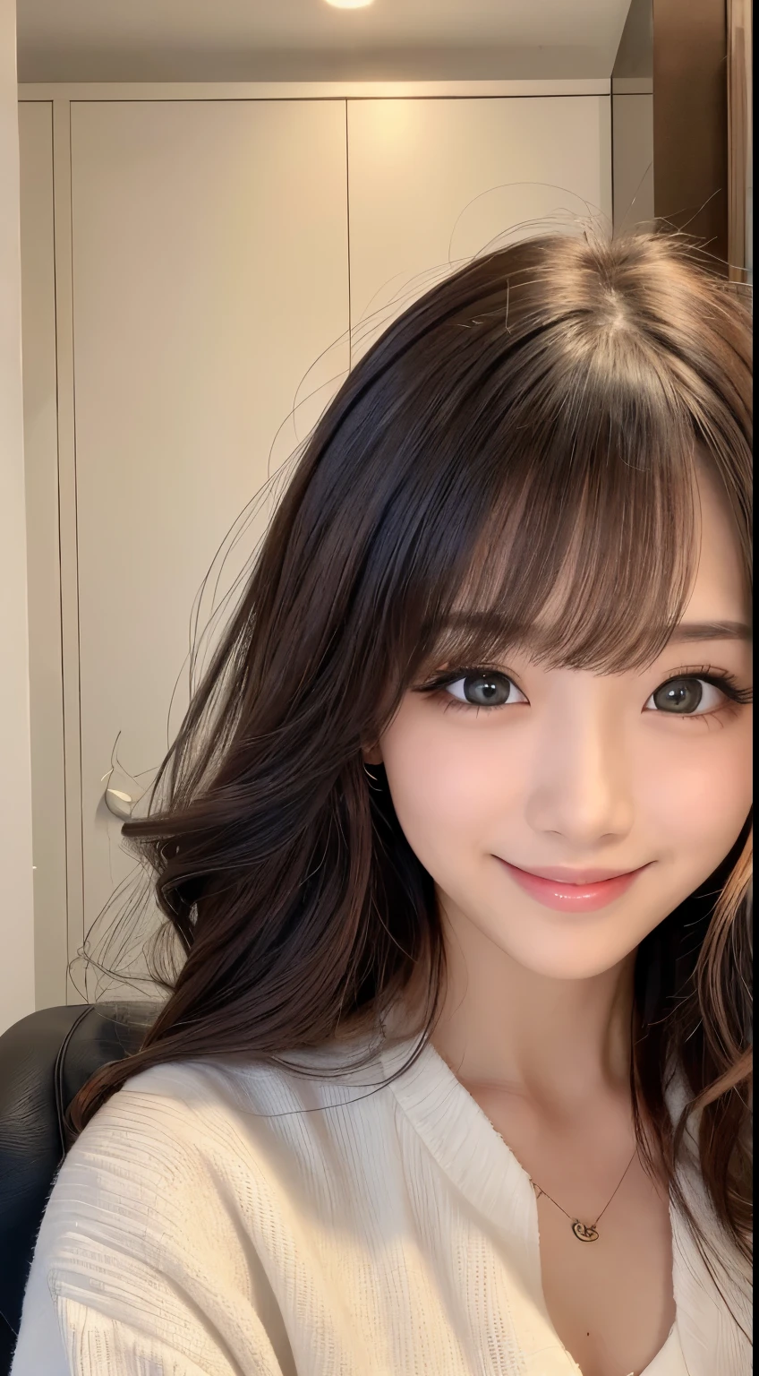 1 woman、((smile 1.6)) 、((Selfie 1.6))、curly hair、With Bangid Chest 1.6))、front、Close-up face、look at the camera(table top:1.3), High resolution, super detailed, Highly detailed CG Unity 8K wallpaper, realistic, Photoreal, Raw photo, beautiful and detailed face, pale skin, fine cloth texture, detailed hair texture, beautiful face, acura, anatomically correct, Highly detailed face and skin texture, natural neck length, (Fair skin:1.2), solo、black haired、japanese women, 18-year-old、detailed eye、cute realistic pictures((smile 1.6｠、in the apartment