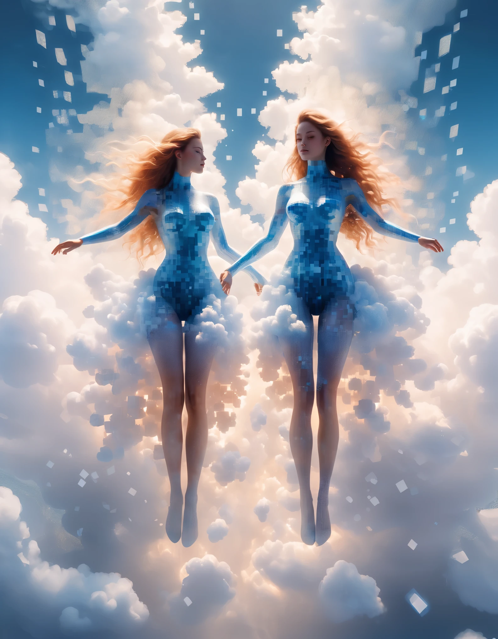 A blue gradient dissolved pixel giant pair of beautiful women floating in the clouds，（whole body），3D voxels，A structure that starts out intact but gradually disintegrates in the air，Sunlight spills in，Background holographic universe space