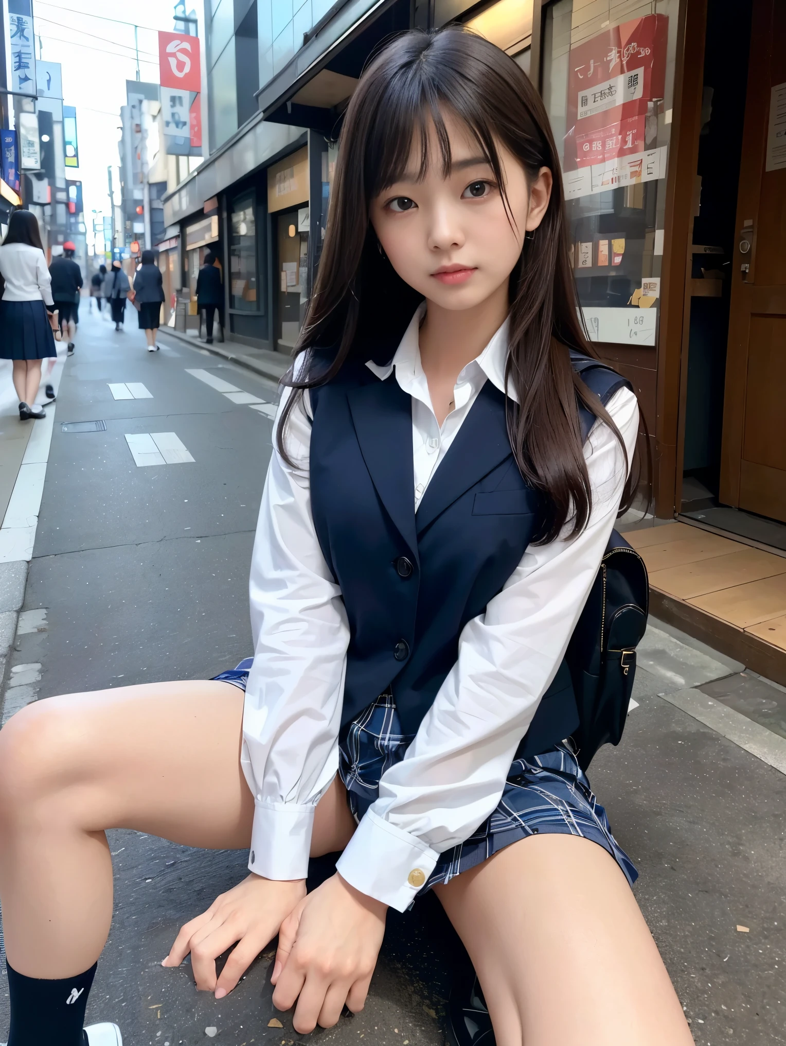(High level image quality、high quality、High resolution、masterpiece、detailed、Strobe photography)、look at the camera、light brown long straight hair、She wears a navy blazer as her high school uniform.)、(she is wearing a navy blue plaid skirt.)、He is wearing a student&#39;s white open-collared shirt..、wearing white panties、wearing white socks、she is wearing black loafers、Please bring your student bag、(lift up the skirt with both hands）、(spread your legs wide）、shot at low angle、 (Shinjuku daytime alley)、(I&#39;I&#39;m on a sidewalk lined with shops.)