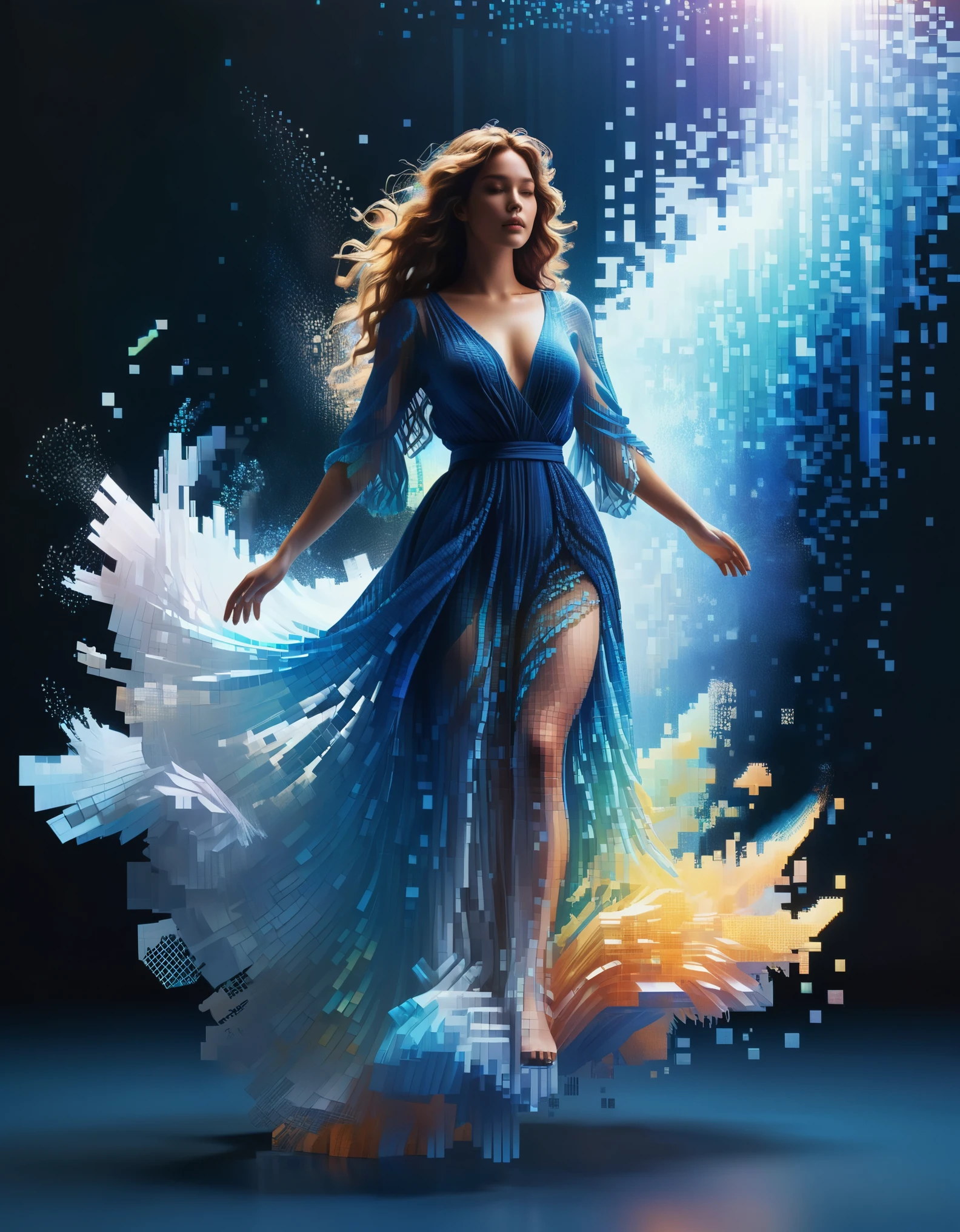 A blue gradient dissolved pixel giant beautiful woman floats in the air，（whole body），3D voxels，A structure that starts out intact but gradually disintegrates in the air，Sunlight spills in，Background holographic universe space