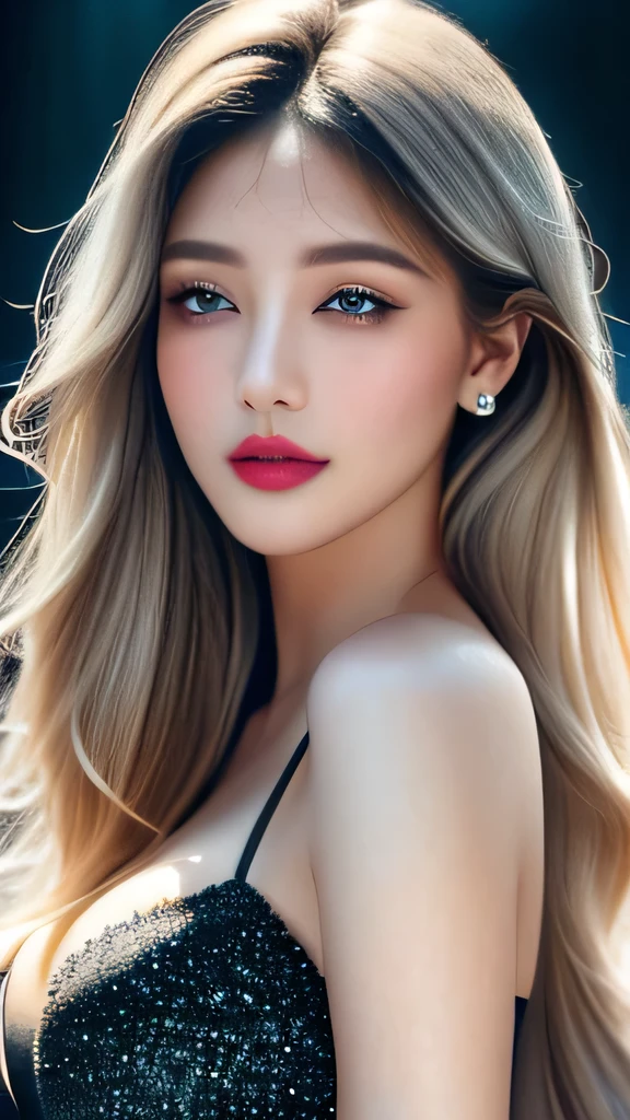 Ultra-realistic、 ultra-detailed primetime photo、 最high quality、 8K、highest level、 The ultra -The high-definition)、(Super beautiful)、(beautiful face:1.5)、(detailed face:1.5)、(detailed eyes:1.2)、(detailed lip:1.2)、(Detailed nose:1.2)、((cleavage:1.1))、((Use any technique, any style, any outfit, choose the color of your eyes, hair and even hairstyles)), ((I encourage you to choose the right background for your phenomenally drawn creation))、 (Use any technique, any style, any outfit, even choose eyes color, ((hair different color than eyes))、 dynamic random fancy hairstyle, whatever and how to do it)、 1girl:1.4 26years old、fashion supermodel、real:1.7、photorealistic:1.7、(very delicate and beautiful、fine details:1.3)、(masterpiece)、 最high quality、 (high quality)、 (absurdres)、 (sharp fous)、(Glamour, paparazzi taking pictures of her)、 contrast、 (dark shot:1.33)、 Long 2blue_eyelashes:1.3、 (dark_eyeshadows:1.35)、 red_lipstick:1.35、((perfect round eyes))、 (dark_red_makeup:1.24)、(matte skin:1.2)、 ((upper body shot))