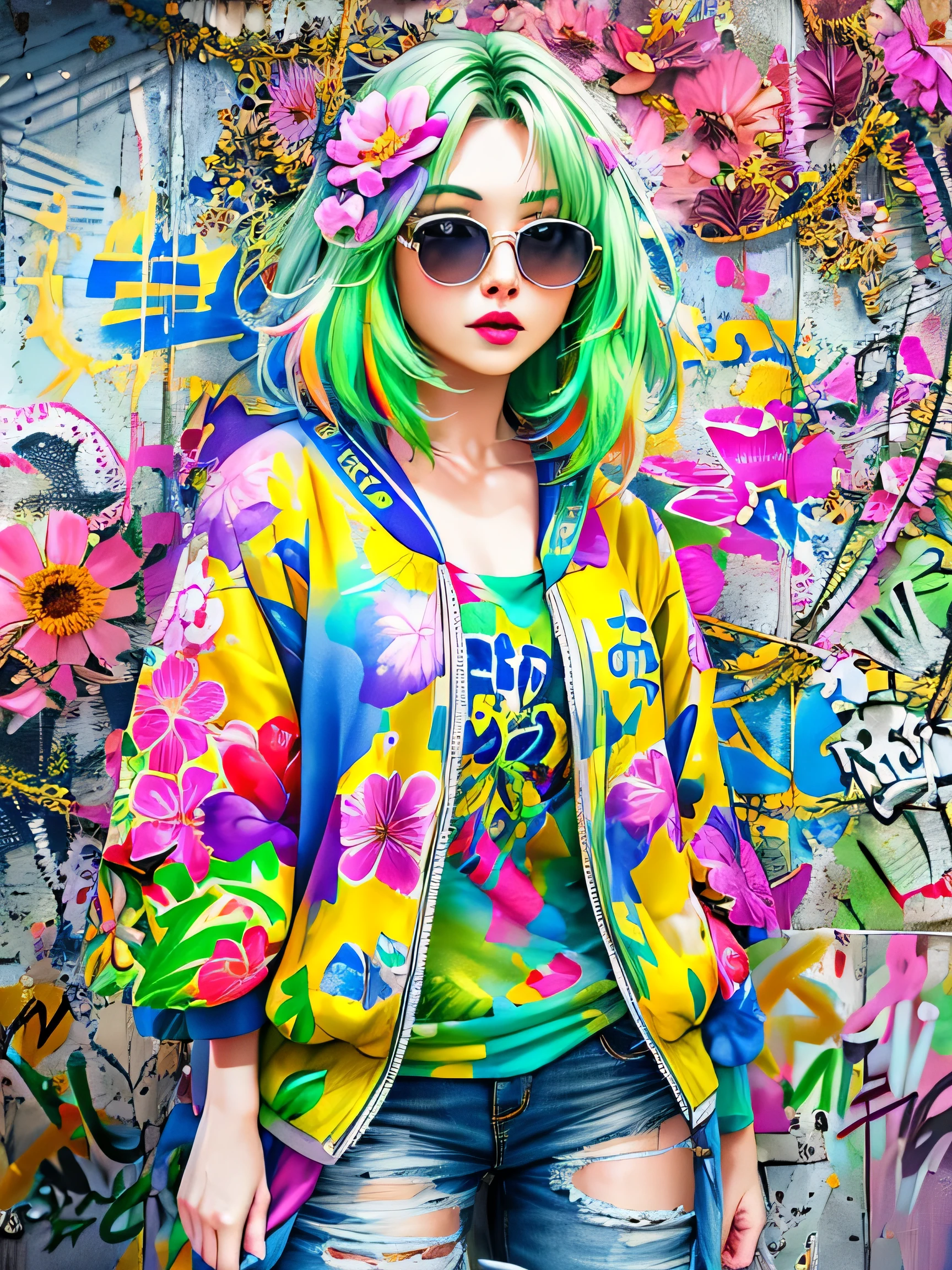 8K quality, watercolor painting, stylish design, (((The strongest beautiful girl of all time))), (((Japanese)))、Idol、clear, Stylish sunglasses, Fashionable hats, (((highest quality))), bob hair, Place your hands on the wall, HDR, ((Detailed details)), stylish fashion, detailed clothing texture, (((graffiti art))), colorful hair, ((masterpiece))、((Super detailed))、(((colorful flowers)))