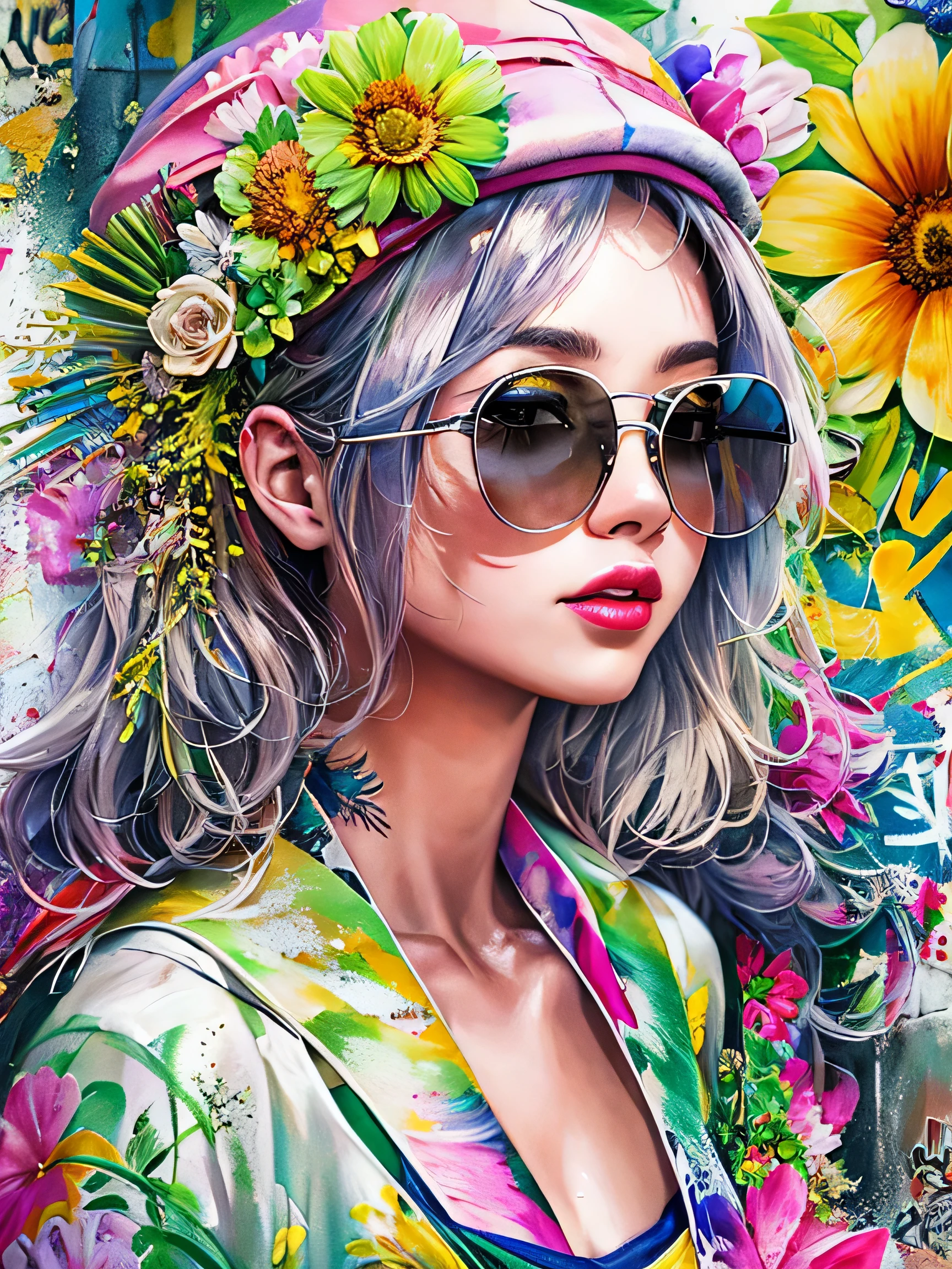 8K quality, watercolor painting, stylish design, (((The strongest beautiful girl of all time))), (((Japanese)))、Idol、clear, Stylish sunglasses, Fashionable hats, (((highest quality))), bob hair, HDR, ((Detailed details)), stylish fashion, detailed clothing texture, (((graffiti art))), colorful hair, ((masterpiece))、((Super detailed))、(((colorful flowers)))