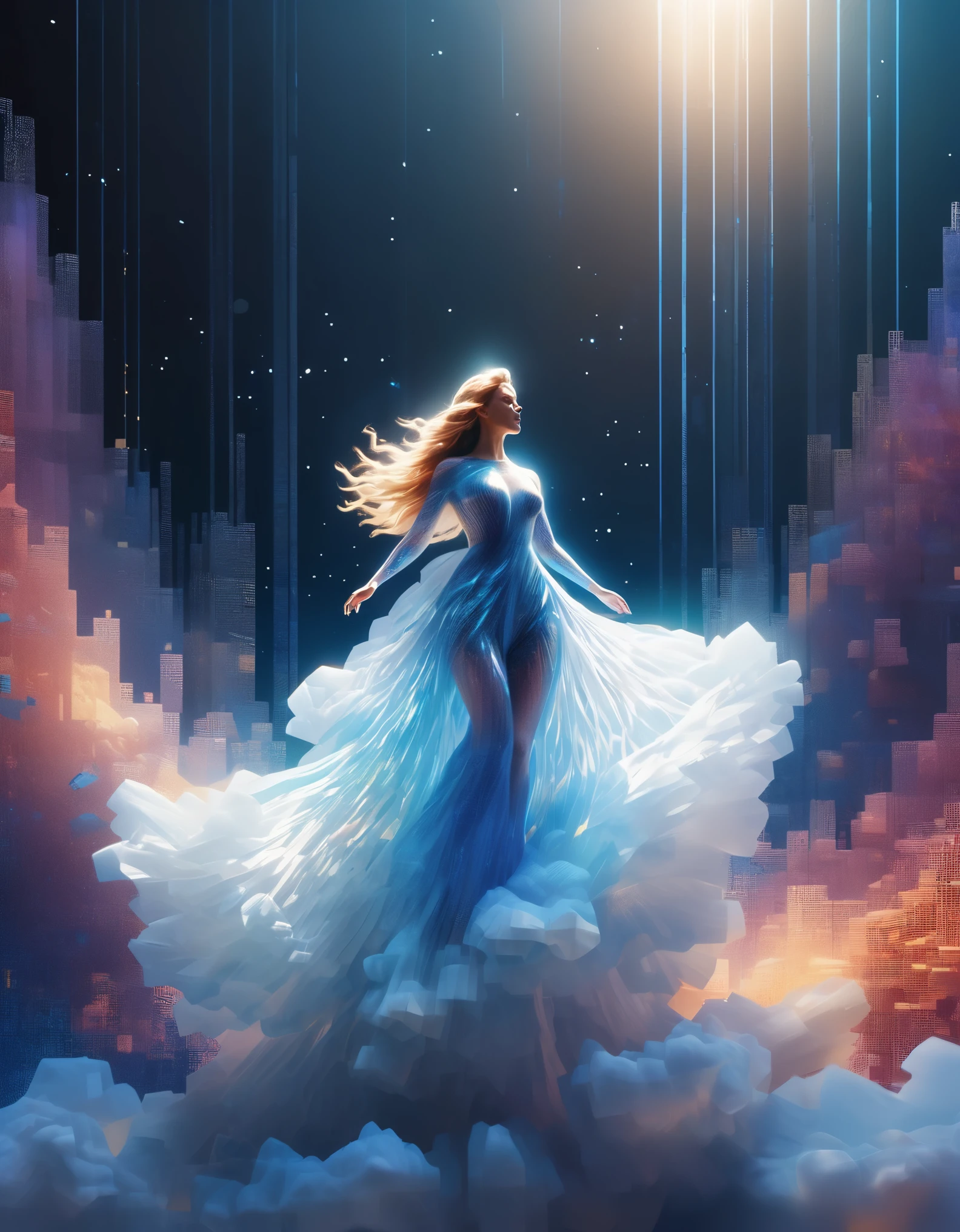 A blue gradient dissolved pixel giant beautiful woman floats in the air，（whole body），3D voxels，A structure that starts out intact but gradually disintegrates in the air，Sunlight spills in，Background holographic universe space