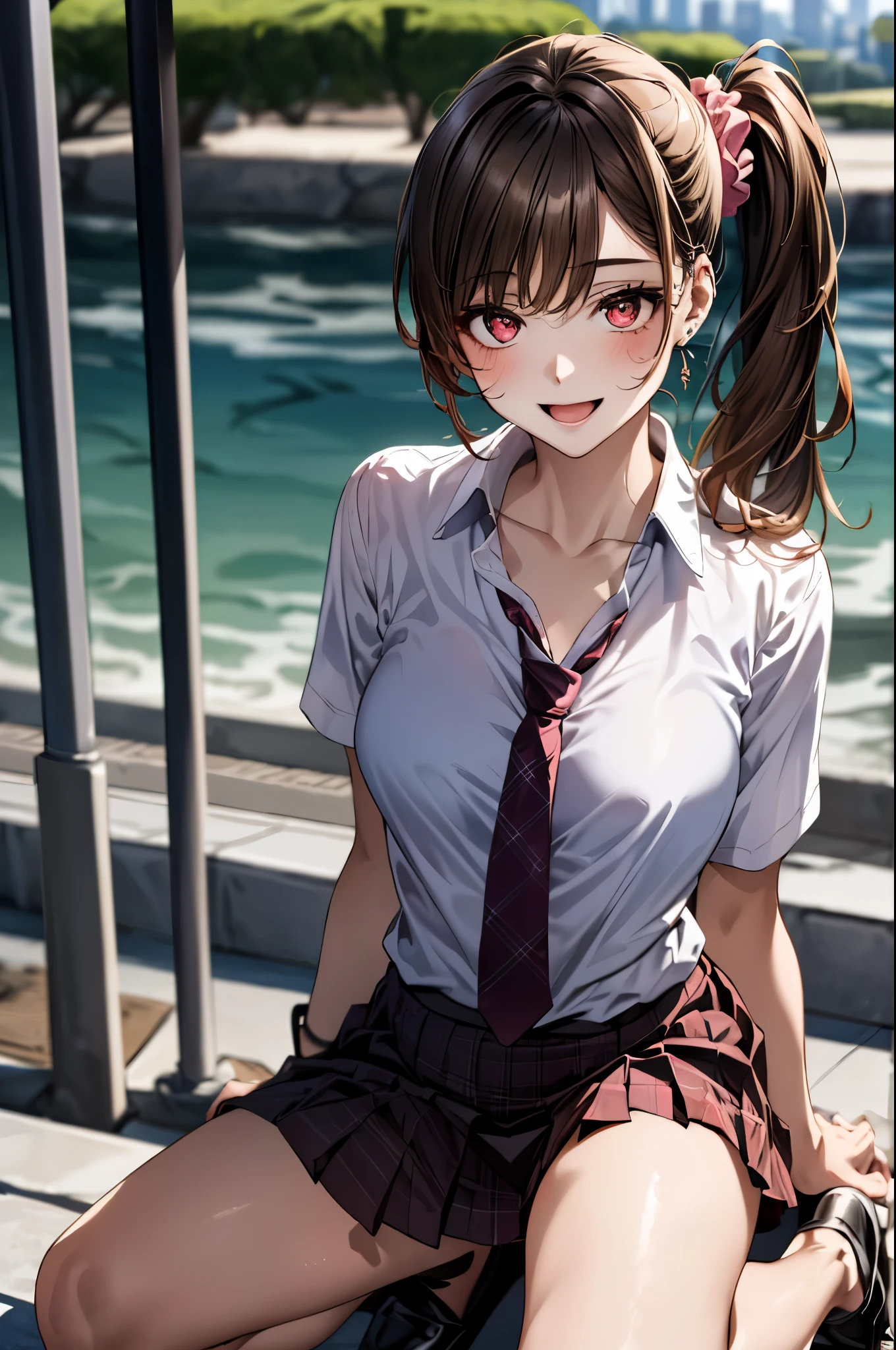 (masterpiece:1.3, top-quality, ultra high res, ultra detailed), (realistic, photorealistic:1.4), beautiful illustration, perfect lighting, colorful, depth of fields,
beautiful detailed hair, beautiful detailed face, beautiful detailed eyes, beautiful clavicle, beautiful body, beautiful chest, beautiful thigh, beautiful legs, beautiful fingers,
looking at viewer, 1 girl, japanese, high school girl, perfect face, (perfect ???????, anatomically correct), cute and symmetrical face, babyface, , shiny skin,
(long hair:1.7, side ponytail:1.6, light brown hair), asymmetrical bangs, dark red eyes, long eye lasher, (medium breasts), slender,
((collared short sleeve shirt, pink plaid pleated skirt, red tie)), polka dot hair scrunchie,
(beautiful scenery), evening, (park, cityscape in the distance), (kneeling, sexy pose),, (lovely smile, upper eyes, open mouth),