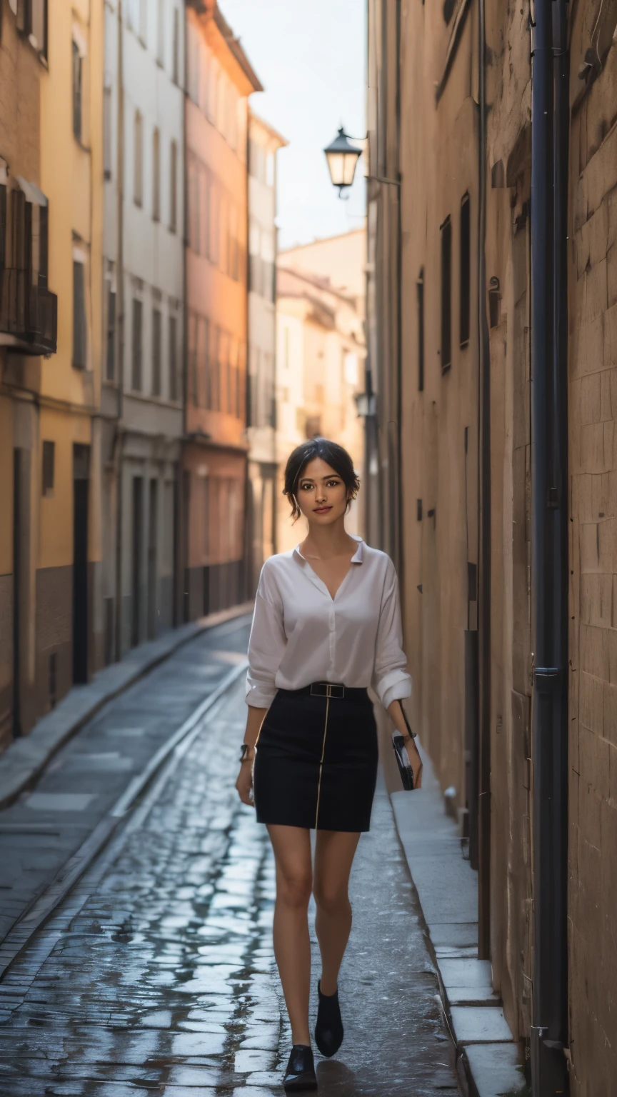 ((best quality, 8 thousand, masterpiece:1.4)), (20세 female), small_face, female, sag_chest, (Beautiful Italian), light smile, cinematic lighting, wide shot, UHD, masterpiece, ccurate, anatomically correct, super detail, textured skin, high details, high quality, best quality, highres, 8k, (nice architectural background), (A walking path with a beautiful river view), 