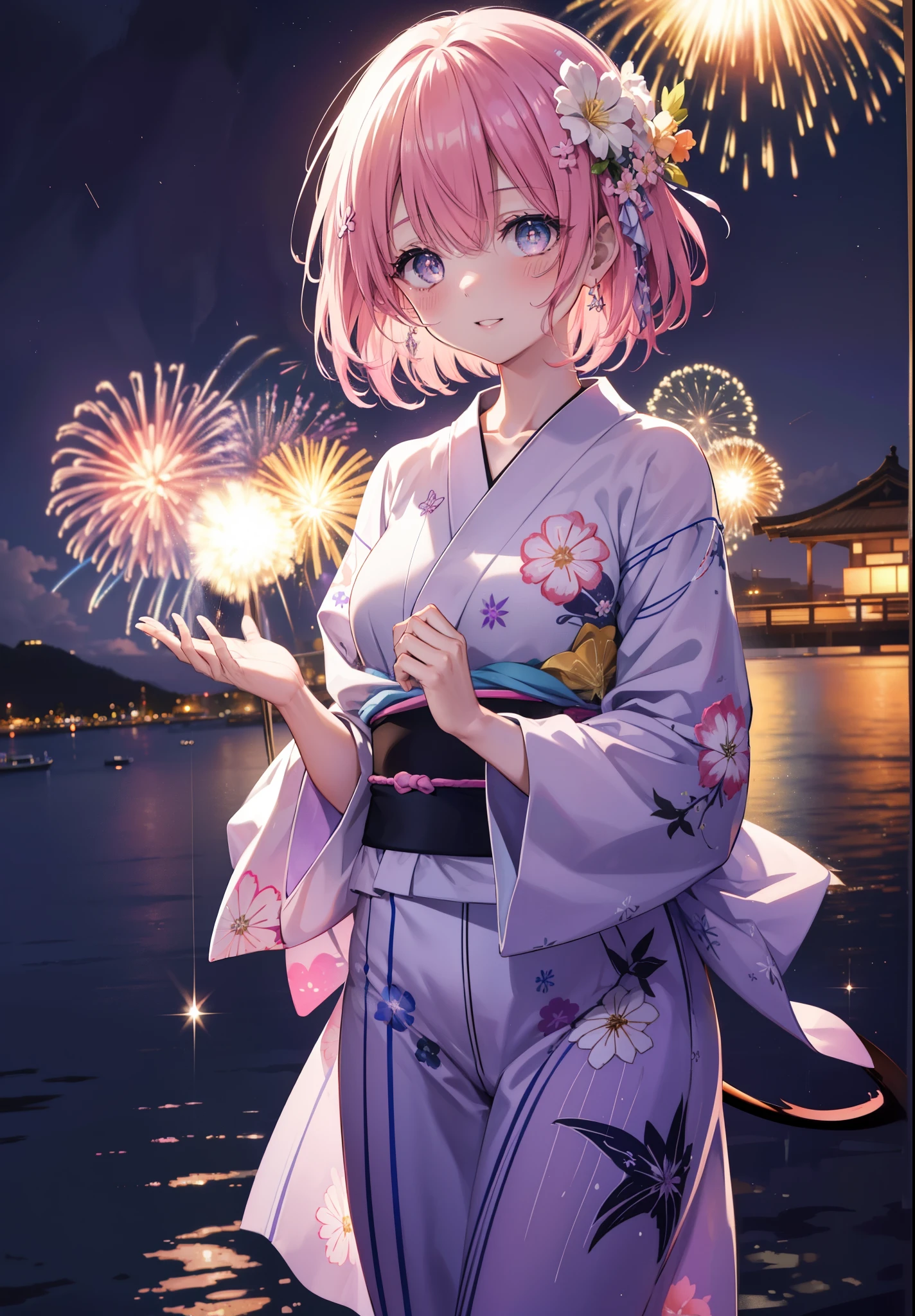 Momodel Luke, Momo model building rook, demon tail, hair flower, hair ornaments, (purple eyes:1.1), blush,smile,happy atmosphere,open your mouth,pink hair, short hair, tail,pink gorgeous yukata,Zori sandals,fireworks in the night sky、rise rapidly,The place is a fireworks display,Time is night,sunny day,全身がイラストに入るように
break demon tail, 
break outdoors,
break looking at viewer, (cowboy shot:1.5),
break (masterpiece:1.2), highest quality, High resolution, unity 8k wallpaper, (shape:0.8), (beautiful detailed eyes:1.6), extremely detailed face, perfect lighting, extremely detailed CG, (perfect hands, perfect anatomy),