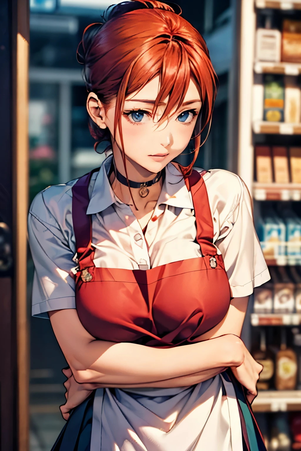 (masterpiece:1.2, highest quality), (realistic, photorealistic:1.4), beautiful illustrations, (natural side lighting, movie lighting), 
looking at the viewer, face focus, Upper body, 1 female, Japanese, perfect face, perfect body, Cute symmetrical face, shiny skin, baby face, big breasts:1.4, hair between eyes, emerald green eyes, seductive thighs, thin, 
beautiful hair, beautiful face, thin and beautiful eyes, beautiful clavicle, beautiful body, beautiful breasts, beautiful thighs, beautiful feet, beautiful fingers, Are standing,(masterpiece:1.2, highest quality), (realistic, photorealistic:1.4), beautiful illustrations, 1 female, Japanese, ((Redhead chignon:1.5)), blown 髪, bangs, 髪 between eyes, big breasts, 
beautiful 髪, beautiful face, beautiful and detailed eyes, (blue eyes:1.3), beautiful clavicle, beautiful body, beautiful breasts, beautiful thighs, beautiful feet, beautiful fingers, (Inside a convenience store:1.4),
((collared short sleeve shirt, Green pleated skirt, Apron appearance:1.6, choker)), 
(seductive pose:1.3)