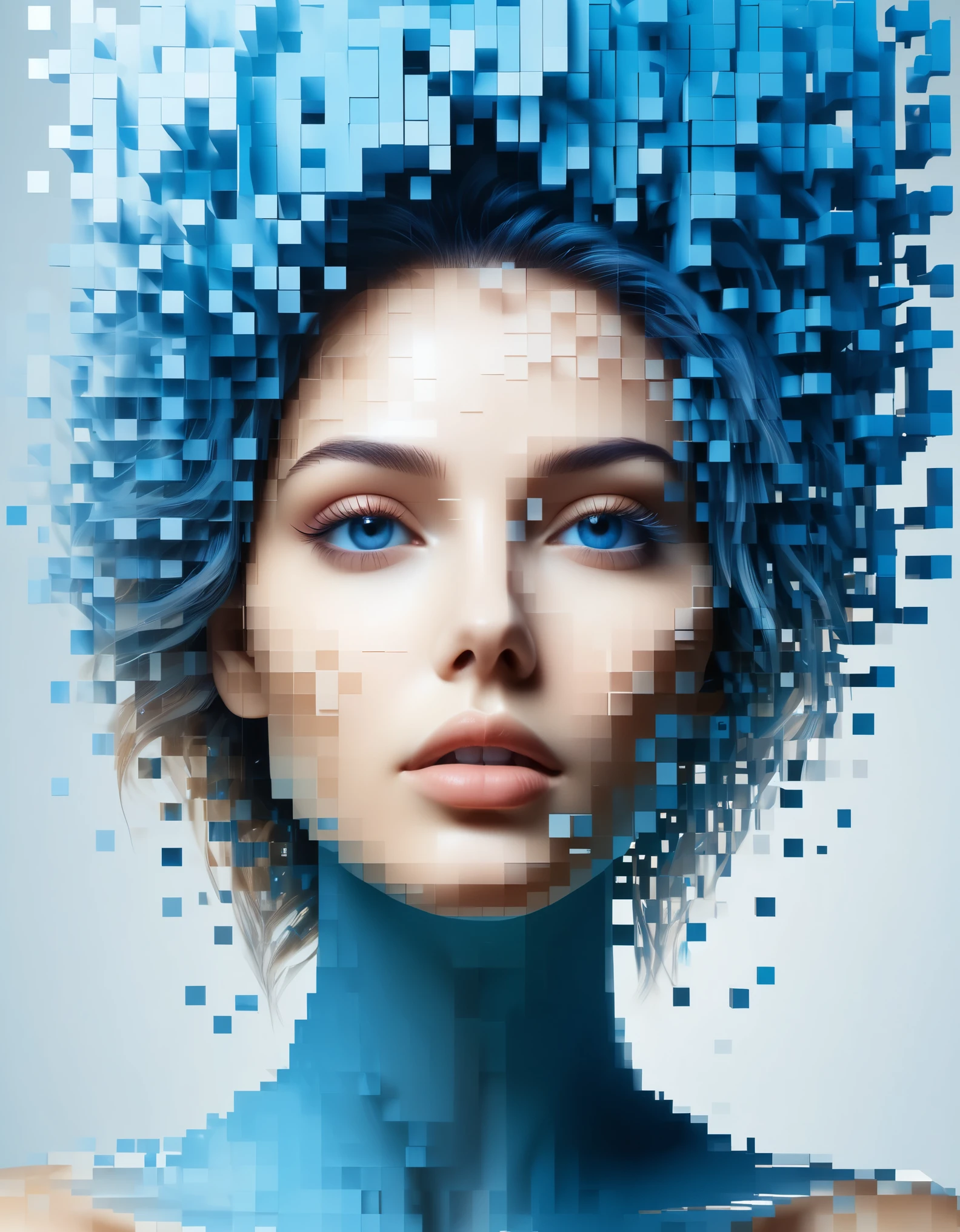 A blue gradient color dissolved pixel wall of a beautiful woman&#39;s head，3D voxel blocks，A structure that starts out intact but gradually disintegrates in the air，Sunlight shines in through the partially hollowed out，Background holographic universe space