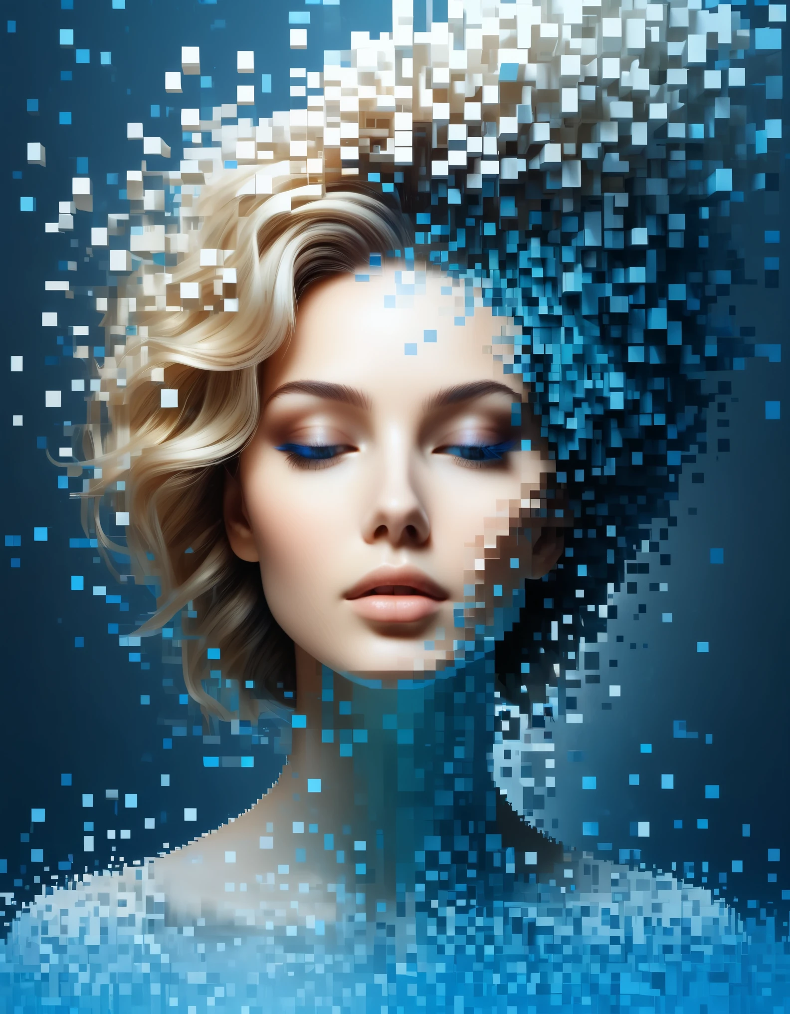 A blue gradient color dissolved pixel wall of a beautiful woman&#39;s head，3D voxel blocks，A structure that starts out intact but gradually disintegrates in the air，Sunlight shines in through the partially hollowed out，Background holographic universe space