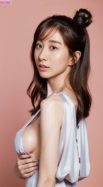 (8K, realistic, RAW photo, highest quality: 1.4), Japanese, beautiful face, (lifelike face), (long hair:1.3), realistic eyes, beautiful eyes, (real skin), beautiful skin, 超High resolution, surreal, High resolution, beautiful japanese woman,big breasts、shirt、cleavage、silver dress、beautiful legs、whole body、silver necklace、１bun hair、Are standing、side boob、pink wall background