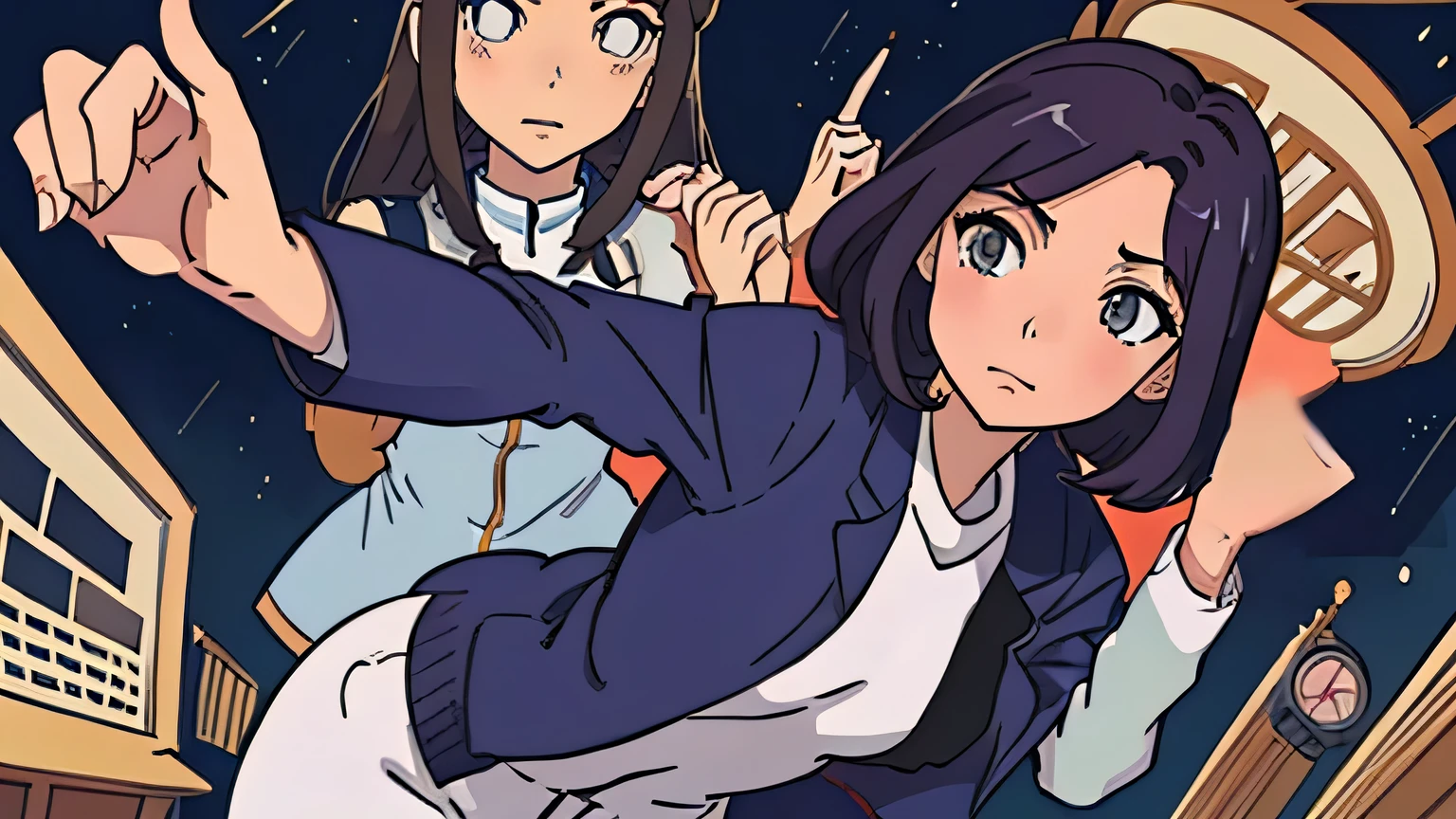 highest quality、anime,girl,beautiful,whole body、relax、thin、cropped jacket、work、looking in the wrong direction、studio ghibli style、1 person、figure of studying、adult woman、uniform、sexy,night、dim、sex、tight clothes