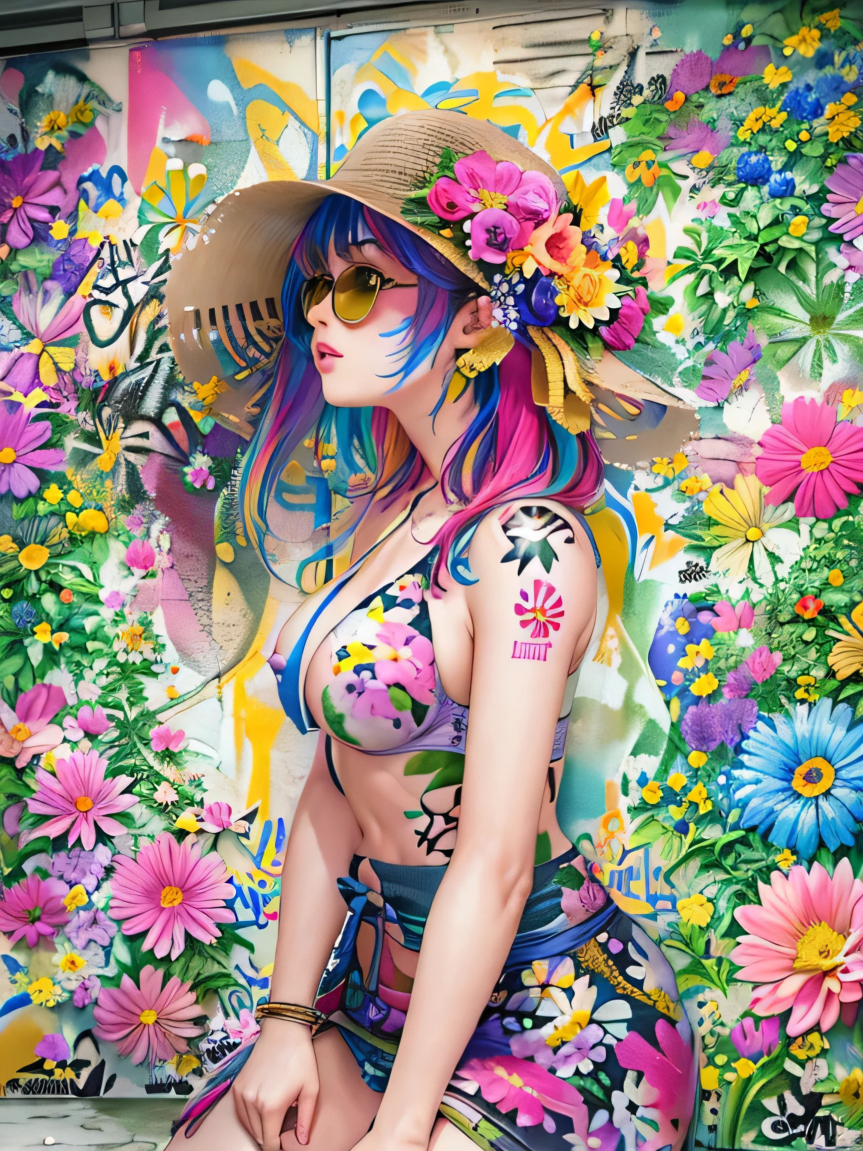 8K quality, watercolor painting, stylish design, (((The strongest beautiful girl of all time))), (((Japanese))、Idol、clear, Stylish sunglasses, Fashionable hats, (((highest quality))), bob hair, Place your hands on the wall, HDR, ((Detailed details)), stylish fashion, detailed clothing texture, (((graffiti art))), colorful hair, ((masterpiece))、((Super detailed))、(((colorful flowers)))、Navel exposure、I can see your nipples、Fashionable underwear