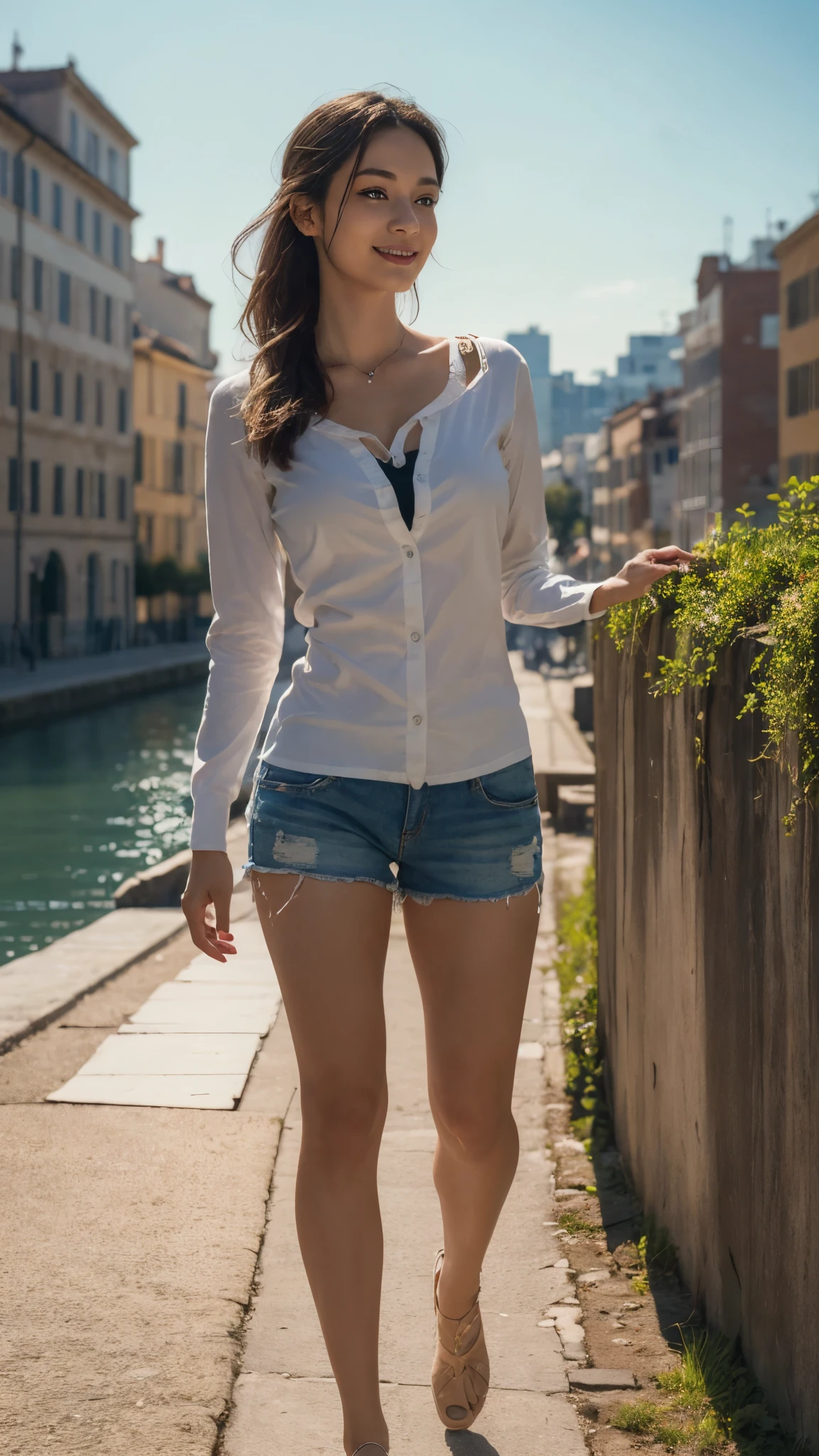 ((best quality, 8 thousand, masterpiece:1.4)), (20세 female), small_face, female, sag_chest, (Beautiful Italian), light smile, cinematic lighting, wide shot, UHD, masterpiece, ccurate, anatomically correct, super detail, textured skin, high details, high quality, best quality, highres, 8k, (nice architectural background), (A walking path with a beautiful river view),