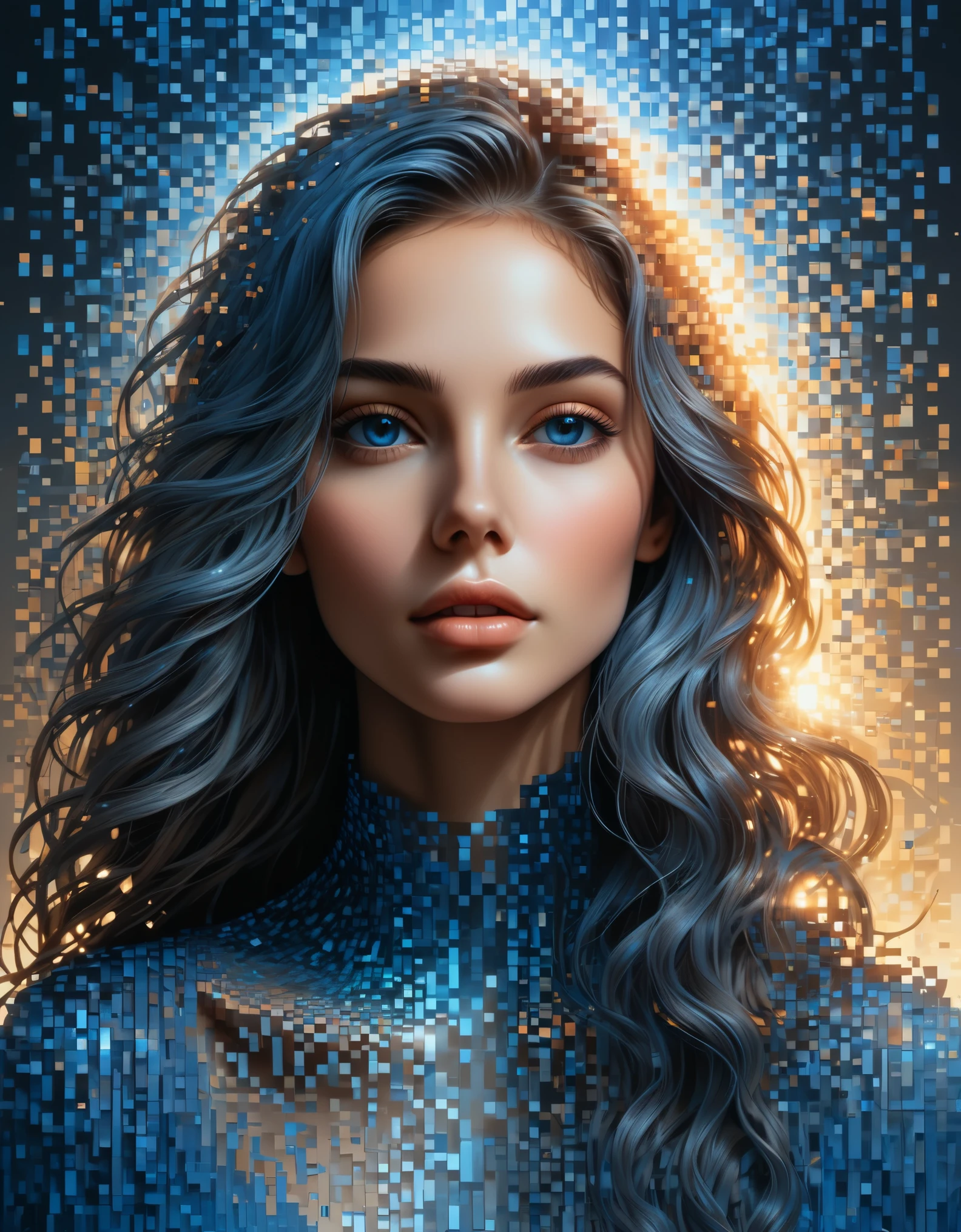 (best quality,4k,8k,highres,masterpiece:1.2),ultra-detailed,(realistic,photorealistic,photo-realistic:1.37), pixel art, woman's portrait, extra long hair，beautiful detailed face, vibrant blue gradient, dissolve effect, intact structure gradually decomposing in mid-air, sunlight streaming through partially hollowed-out sections, holographic cosmic space background