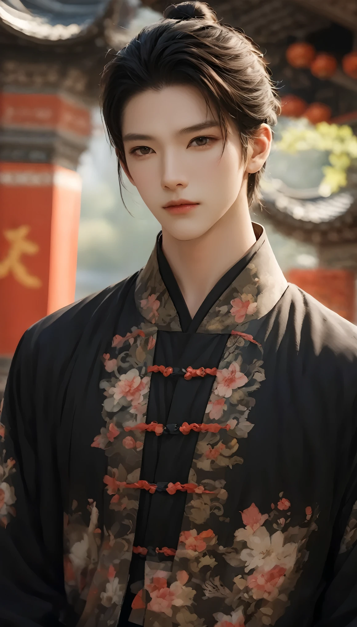 (masterpiece, best quality:1.2),1boy,black hair,blurry background,brown eyes,chinese clothes,Short hair,ancient Chinese architecture,standing,Black Zhongshan suit,Middle split head,depth of field,floral print,lips,Long hair,solo,upper body
