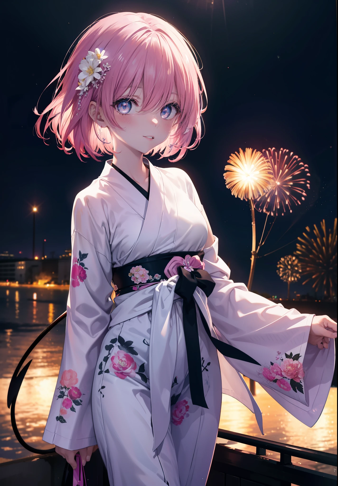 Momodel Luke, Momo model building rook, demon tail, hair flower, hair ornaments, (purple eyes:1.1), blush,smile,happy atmosphere,open your mouth,pink hair, short hair, tail,pink gorgeous yukata,Zori sandals,fireworks in the night sky,rise rapidly,The place is a fireworks display,Time is night,sunny day,So that the whole body goes into the illustration,stall,
break demon tail,
break outdoors,
break looking at viewer, (cowboy shot:1.5),
break (masterpiece:1.2), highest quality, High resolution, unity 8k wallpaper, (shape:0.8), (beautiful detailed eyes:1.6), extremely detailed face, perfect lighting, extremely detailed CG, (perfect hands, perfect anatomy),