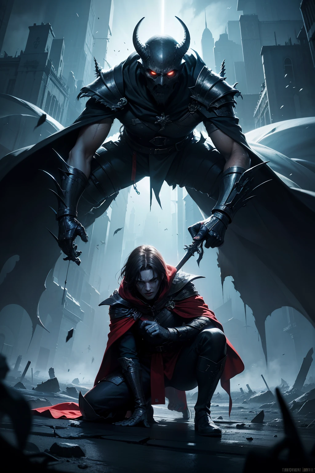 Mysterious figure in a cloak kneeling, throwing dagger into two enemy on left and right side front point of view intense action, high quality, detailed, fantasy, dark tones, dramatic lighting, dual direction, enemy confrontation, cloak billowing, detailed facial features, fantasy art, action-packed, dark and intense, dynamic lighting