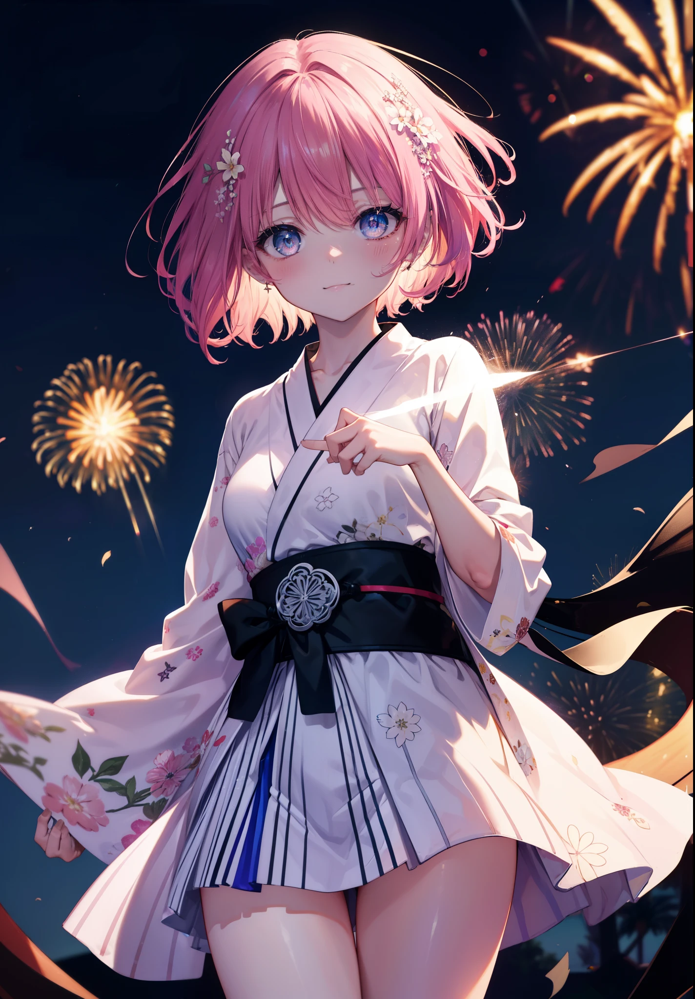 Momodel Luke, Momo model building rook, demon tail, hair flower, hair ornaments, (purple eyes:1.1), blush,smile,happy atmosphere,open your mouth,pink hair, short hair, tail,pink gorgeous yukata,Zori sandals,fireworks in the night sky,rise rapidly,The place is a fireworks display,Time is night,sunny day,So that the whole body goes into the illustration,stall,
break demon tail,
break outdoors,
break looking at viewer, (cowboy shot:1.5),
break (masterpiece:1.2), highest quality, High resolution, unity 8k wallpaper, (shape:0.8), (beautiful detailed eyes:1.6), extremely detailed face, perfect lighting, extremely detailed CG, (perfect hands, perfect anatomy),