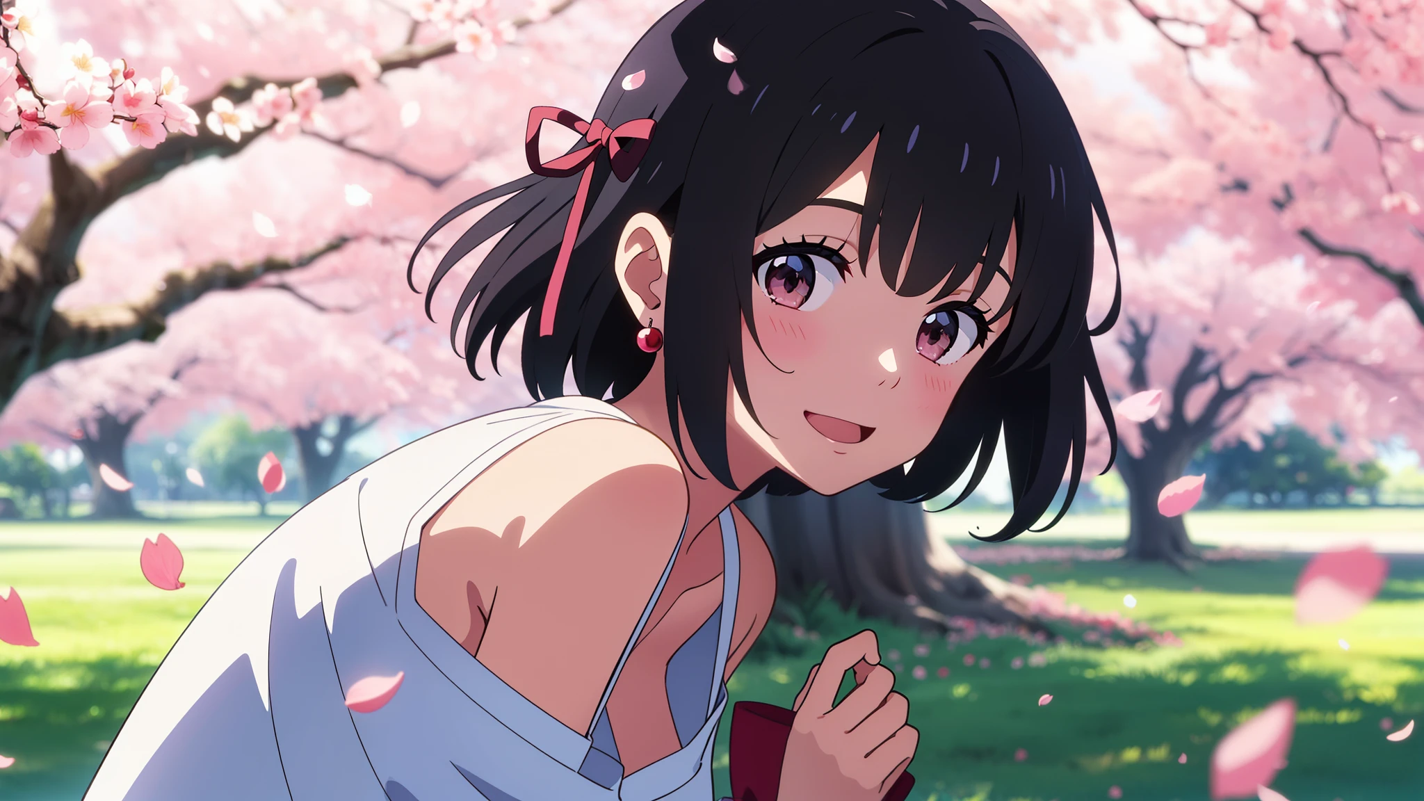 shinkai makoto, kimi no na wa., 1girl, bangs, black hair, blush, round eyes, bright eyes, brown eyes, red headband, red bow, red ribbon, short hair, shinny hair, smile, open mouth, cute, beautiful, shiny skin, looking at the viewer, solo, cute girl, white dress with cherry blossoms, bare shoulders, earrings, cherry_blossoms, falling_petals, petals, branch, pink_flower, blue_sky, spring_season, perfect hands. holding_flower, wind, tree