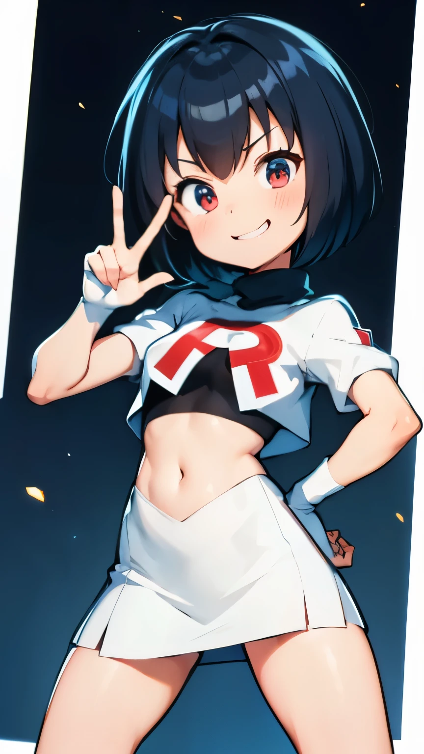 Ultra Detalhada,  Peni parker  , smug smile  , white  team rocket uniform , crotop , pose .