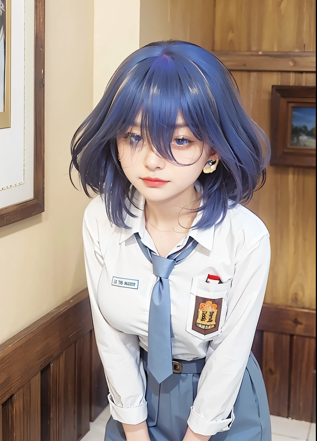 manhwa art, woman with blue hair, light blue eyes, short hair and wearing school clothes