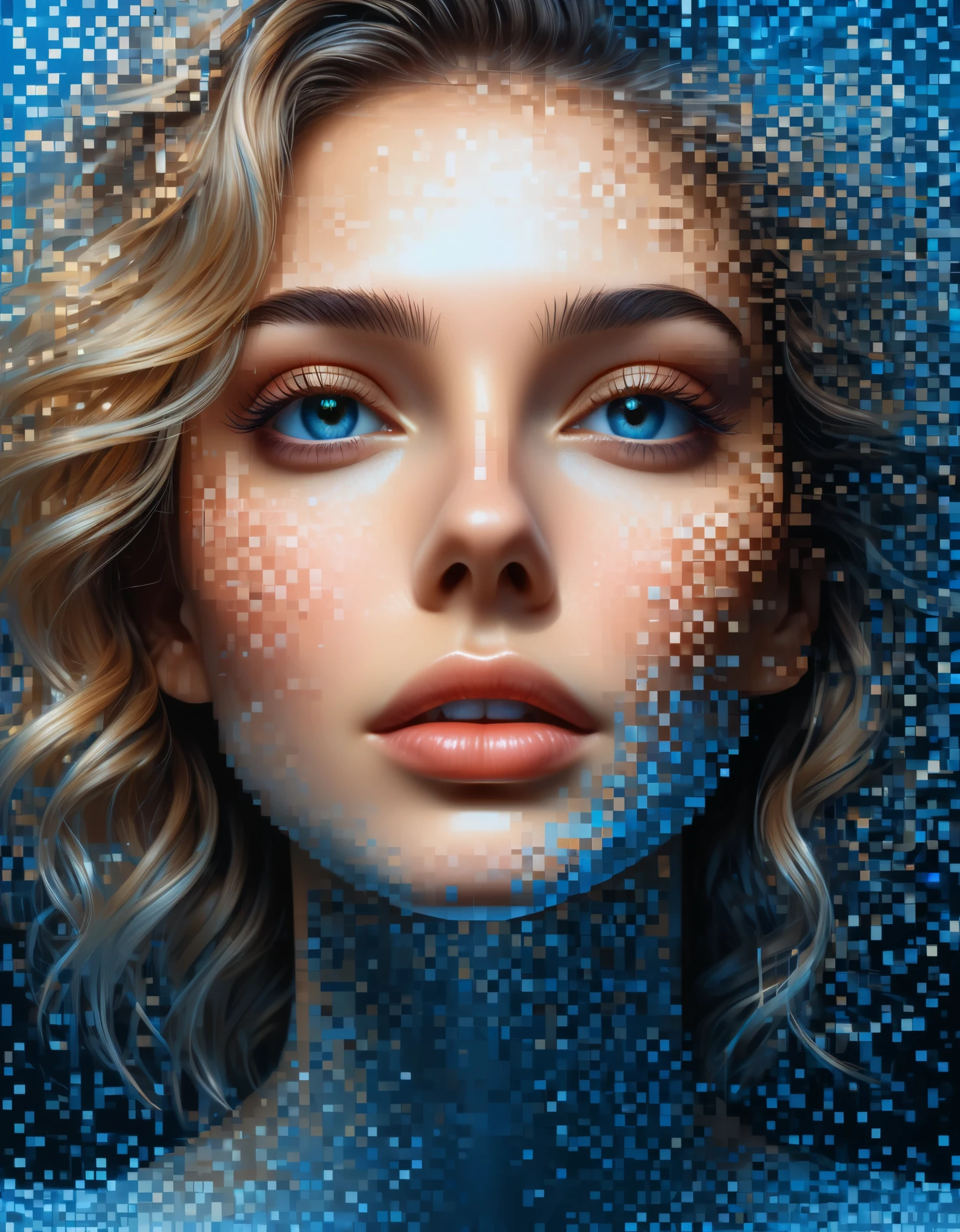 (best quality,4k,8k,highres,masterpiece:1.2),ultra-detailed,(realistic,photorealistic,photo-realistic:1.37), pixel art, woman's portrait, beautiful detailed face, vibrant blue gradient, dissolve effect, intact structure gradually decomposing in mid-air, sunlight streaming through partially hollowed-out sections, holographic cosmic space background