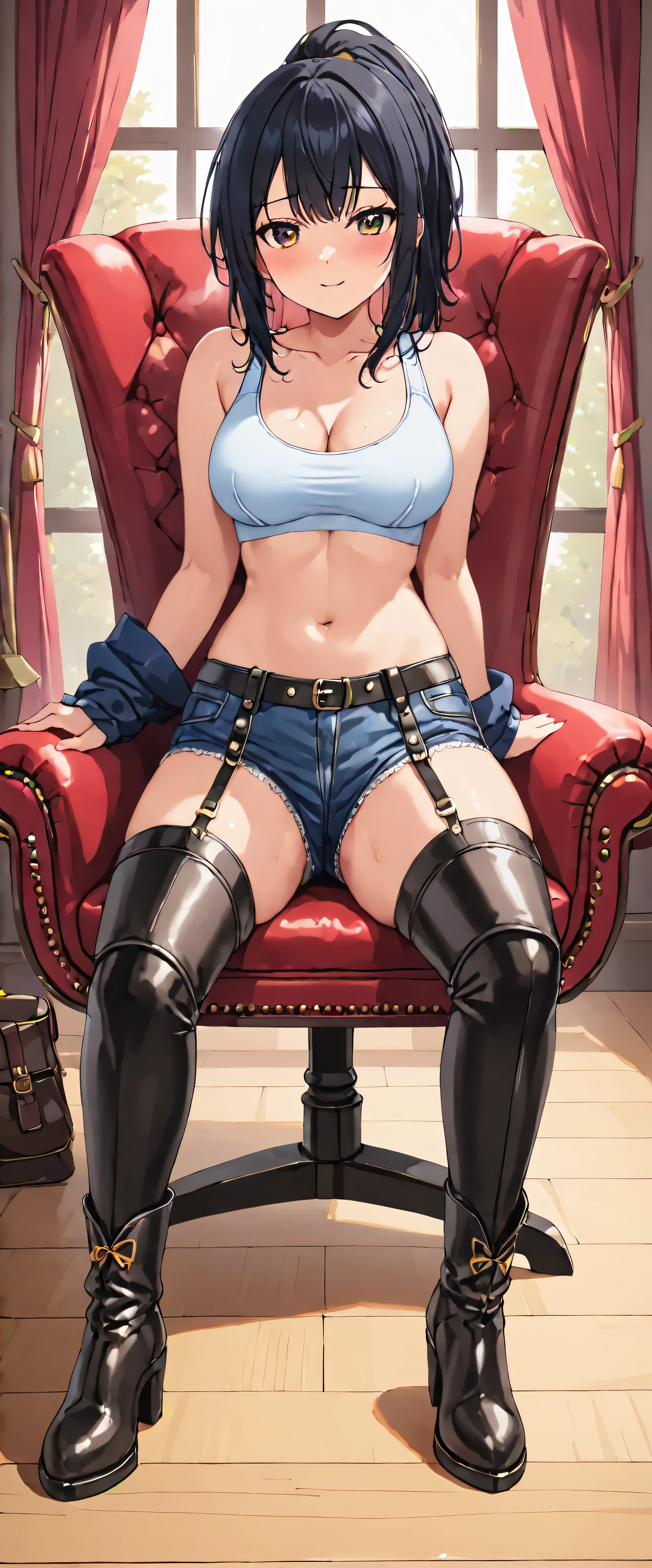 High resolution, woman , good lighting, despicable, , (No nudity), (((jeans shorts))), ((play sports often)), (((leather thigh high boots))), (garter belt), abdomen only, (wet shorts),  ,  cute face, I&#39;Iは恥ずかしくて赤面します, humiliating, ((sit with legs wide apart)), ((black hair))