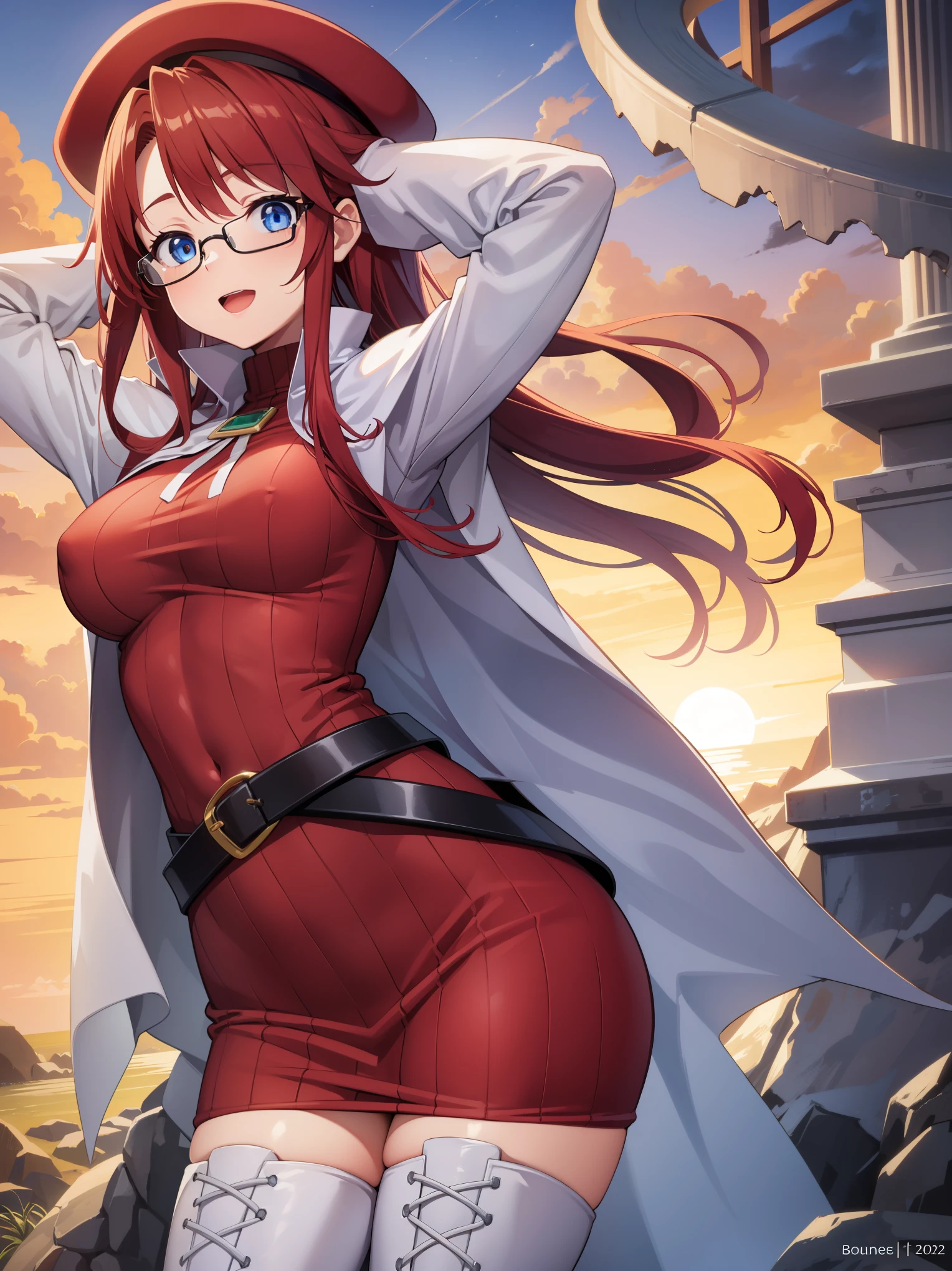 summonnightaty, aty, long hair, blue eyes, red hair, beret, hat, glasses,
BREAK long hair, thighhighs, hat, dress, boots, glasses, belt, cape, sweater, zettai ryouiki, beret, thigh boots, white footwear, ribbed sweater, loose belt,solo,
BREAK outdoors, fantasy_town,
BREAK (masterpiece:1.2), best quality, high resolution, unity 8k wallpaper, (illustration:0.8), (beautiful detailed eyes:1.6), extremely detailed face, perfect lighting, extremely detailed CG, (perfect hands, perfect anatomy),covered_nipples,covered_navel,light_smile ,walking,(half_eyes:1.2),light_open_mouth,sword,armpit,sleepy,sitting_on_the_barrel,barrel,red_sweater,
