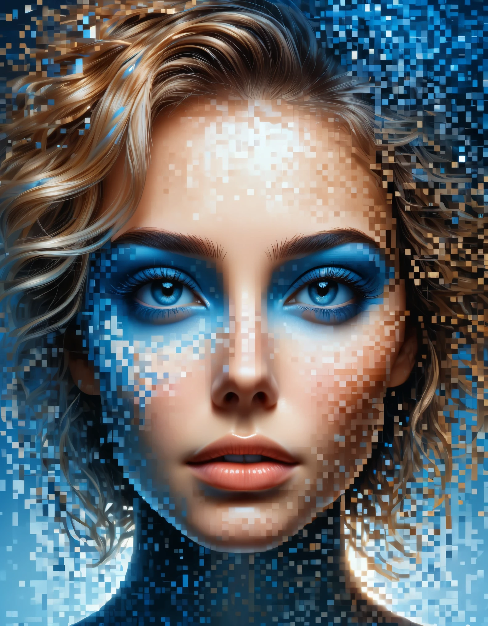 (best quality,4k,8k,highres,masterpiece:1.2),ultra-detailed,(realistic,photorealistic,photo-realistic:1.37), pixel art, woman's portrait, beautiful detailed face, vibrant blue gradient, dissolve effect, intact structure gradually decomposing in mid-air, sunlight streaming through partially hollowed-out sections, holographic cosmic space background