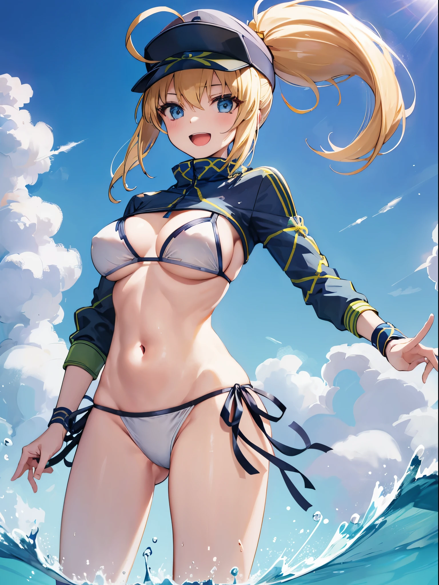 masterpiece,(ultra-detailed),1girl, mysterious heroine xx \(fate\), half_eyes,smile,open mouth, swimsuit, white bikini, side-tie bikini bottom, shrug \(clothing\), jacket,  thigh strap, wristband,  large_breasts, ocean, splashing,blonde_ponytail,open_legs,cap,happiness,