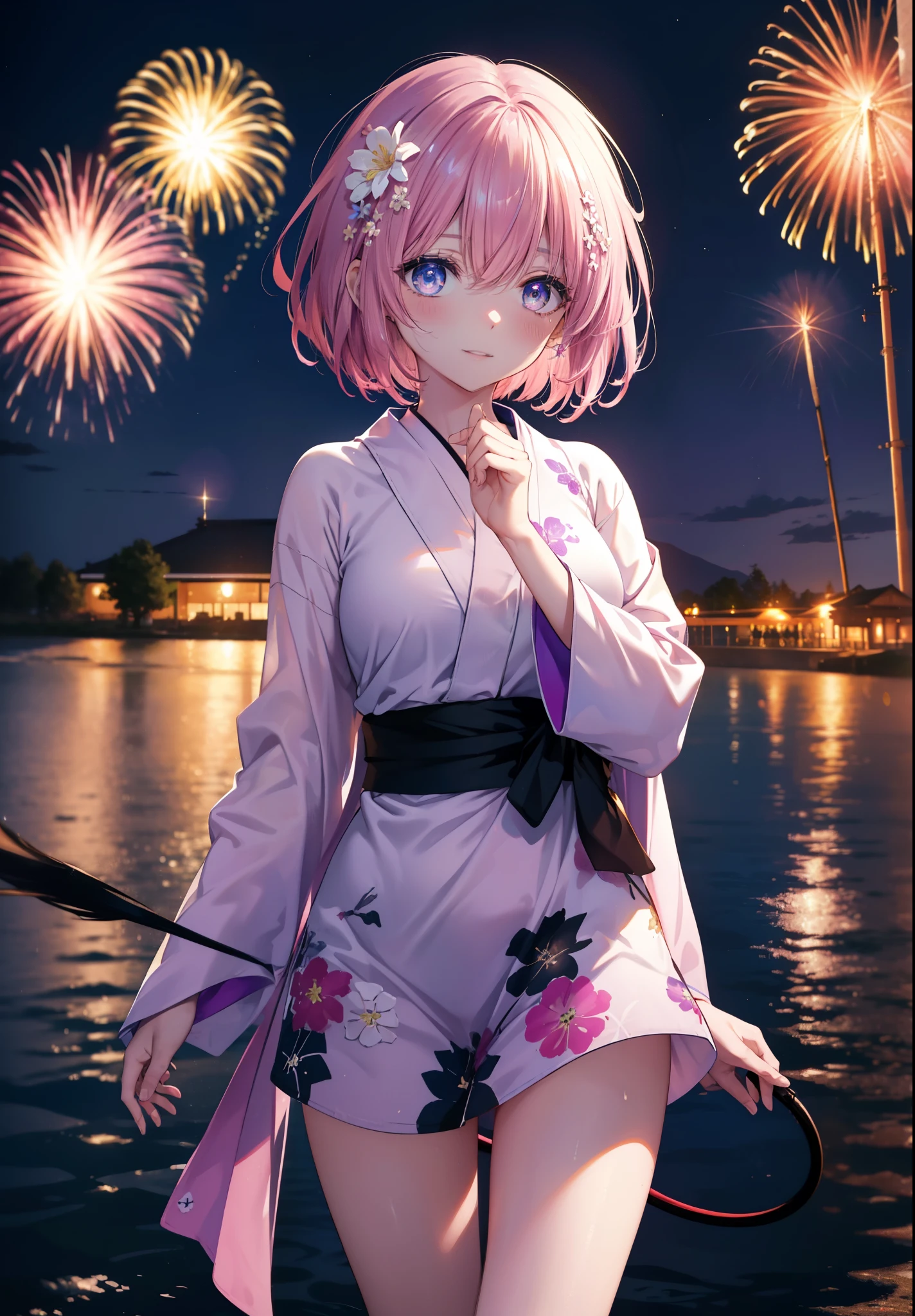 Momodel Luke, Momo model building rook, demon tail, hair flower, hair ornaments, (purple eyes:1.1), blush,smile,happy atmosphere,open your mouth,pink hair, short hair, tail,pink gorgeous yukata,Zori sandals,fireworks in the night sky,rise rapidly,The place is a fireworks display,Time is night,sunny day,So that the whole body goes into the illustration,stall,
break demon tail,
break outdoors,
break looking at viewer, (cowboy shot:1.5),
break (masterpiece:1.2), highest quality, High resolution, unity 8k wallpaper, (shape:0.8), (beautiful detailed eyes:1.6), extremely detailed face, perfect lighting, extremely detailed CG, (perfect hands, perfect anatomy),