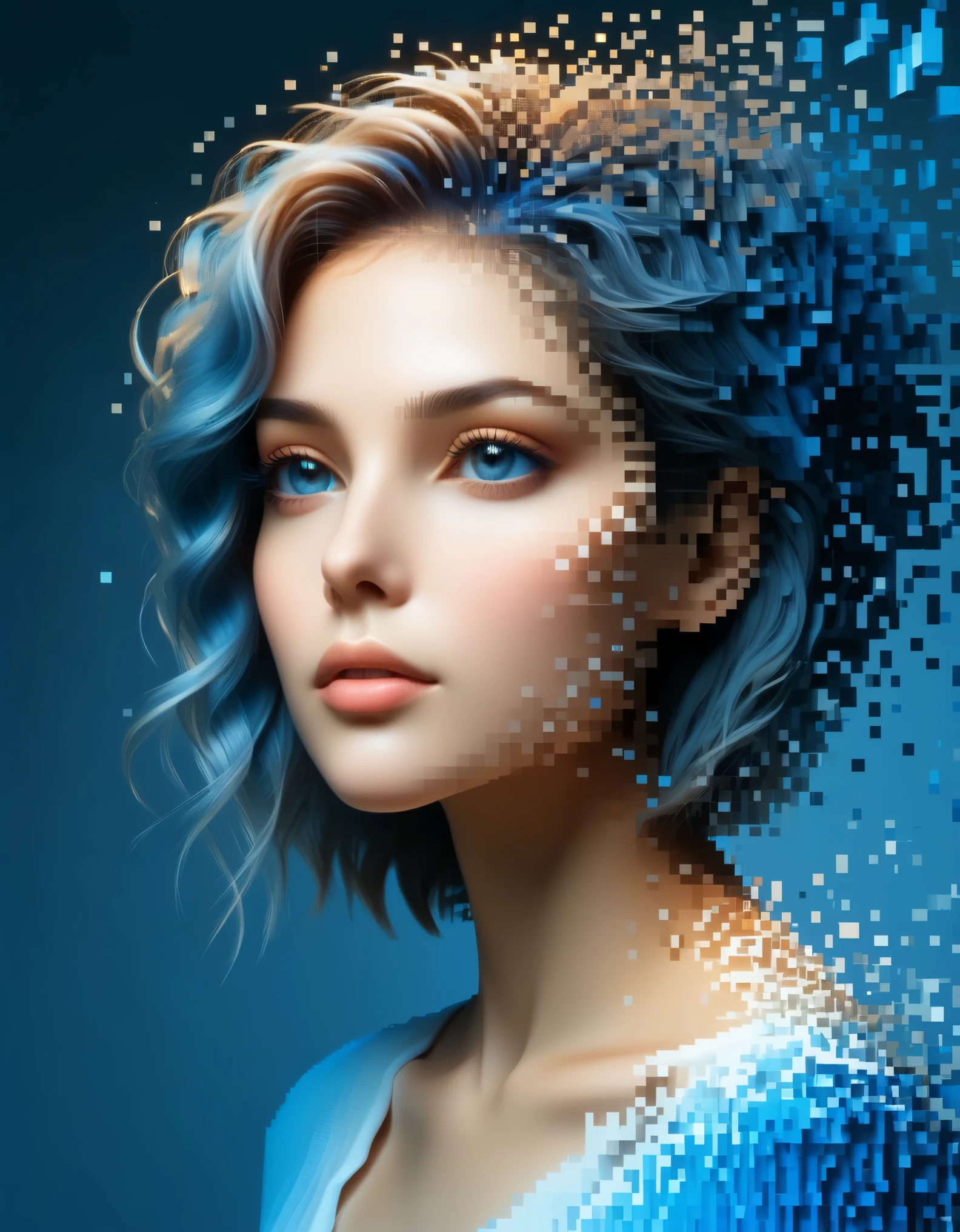 A blue gradient color dissolved pixel wall of a beautiful woman's head,3D voxel blocks,A structure that starts out intact but gradually disintegrates in the air,Sunlight shines in through the partially hollowed out,background universe