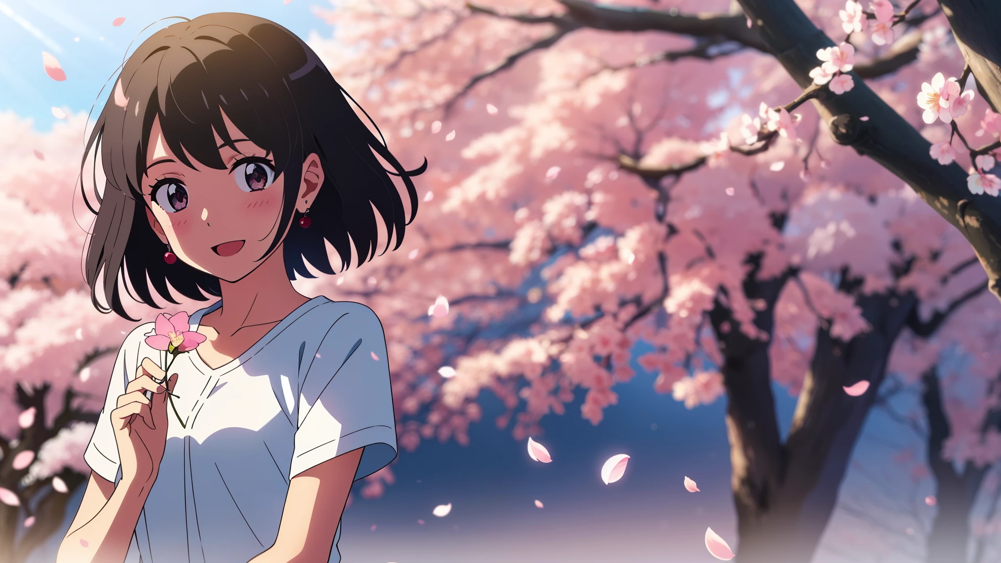 shinkai makoto, kimi no na wa., 1girl, bangs, black hair, blush, round eyes, bright eyes, brown eyes, red headband, red ribbon, short hair, shinny hair, smile, open mouth, :D. cute, beautiful, shiny skin, looking at the viewer, solo, white dress with cherry blossoms, short sleeves, earrings, cherry_blossoms, falling_petals, petals, branch, pink_flower, blue_sky, sunlight, spring_season, perfect hands, holding_flower, wind, tree