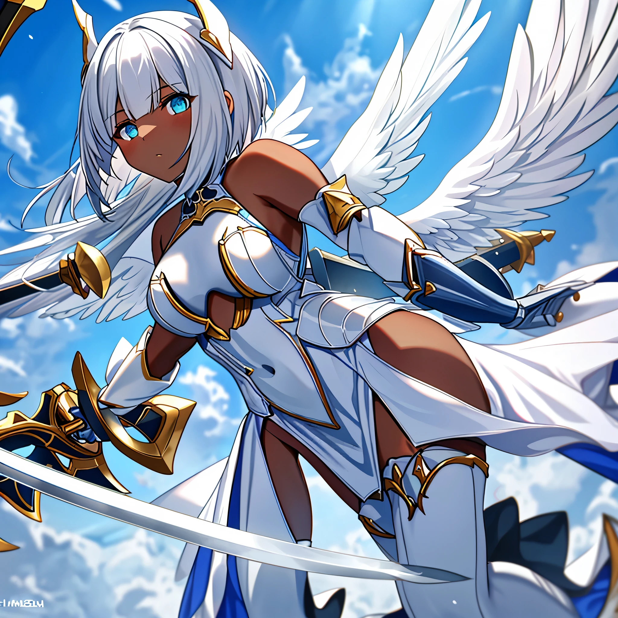 fantasy, 1angel_girl, low_, white_medium_bob_hair,long_bangs, (dark_skin)+, bare_shoulder, navel out, thighhighs,silver_shiny_armor, white_clothes,waist_armor, Glebe, hold_shiny_swords, medium_breasts,, dynamic_pose_fighting,Floating, (1pair_white_wings,pelvic_curtain)++, Headgear ,city_sky_background,,slightly_spread_legs, multiple_shiny_swords_floating_around_the_girl
