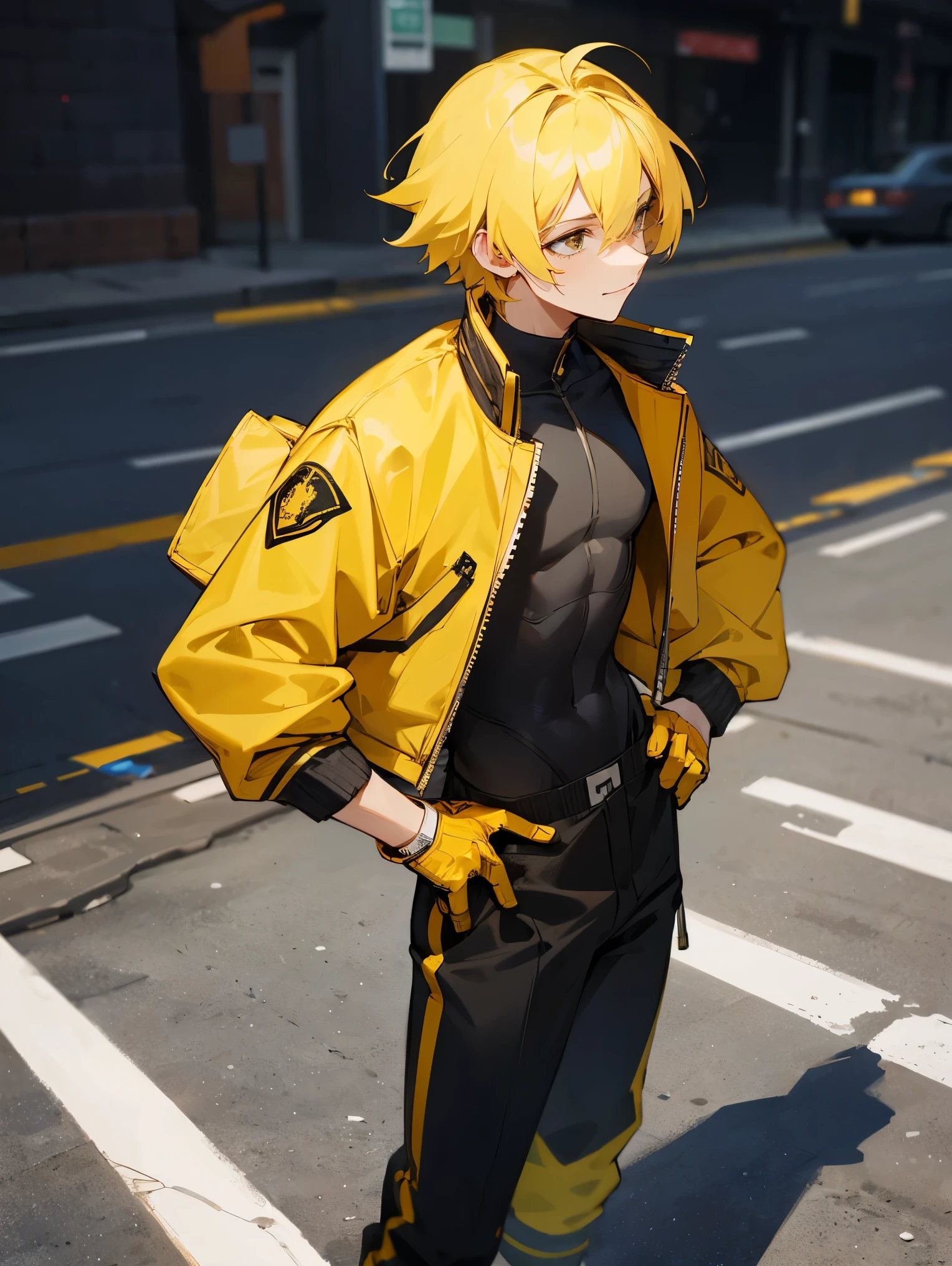 Two Tone Hair , Oumbre Hair , Black and Yellow Hair , Yellow Letterman Jacket , Black Body-suit , Black Baggy Pants , Happy Expression , Adult Male , Standing on Sidewalk