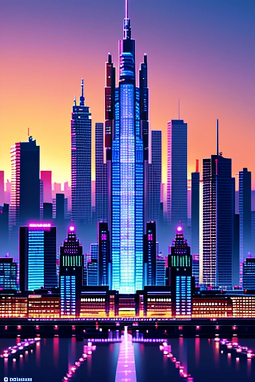 Create a pixel art representation of a futuristic cityscape at sunset. The city should be depicted as a sprawling metropolis with towering skyscrapers, neon lights, and a bustling atmosphere. In the background, the sky should be a deep shade of purple, gradually transitioning to a vibrant orange as it reaches the horizon. Include a variety of details such as flying cars, holographic advertisements, and futuristic architecture. The overall mood should be one of excitement and innovation, capturing the feeling of a cutting-edge city that never sleeps