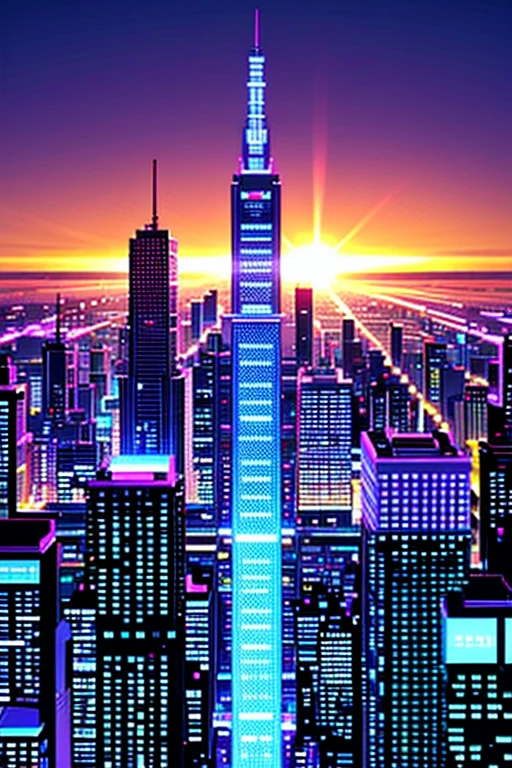 Create a pixel art representation of a futuristic cityscape at sunset. The city should be depicted as a sprawling metropolis with towering skyscrapers, neon lights, and a bustling atmosphere. In the background, the sky should be a deep shade of purple, gradually transitioning to a vibrant orange as it reaches the horizon. Include a variety of details such as flying cars, holographic advertisements, and futuristic architecture. The overall mood should be one of excitement and innovation, capturing the feeling of a cutting-edge city that never sleeps