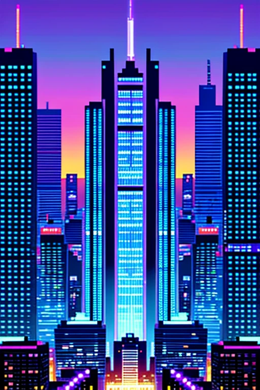 Create a pixel art representation of a futuristic cityscape at sunset. The city should be depicted as a sprawling metropolis with towering skyscrapers, neon lights, and a bustling atmosphere. In the background, the sky should be a deep shade of purple, gradually transitioning to a vibrant orange as it reaches the horizon. Include a variety of details such as flying cars, holographic advertisements, and futuristic architecture. The overall mood should be one of excitement and innovation, capturing the feeling of a cutting-edge city that never sleeps