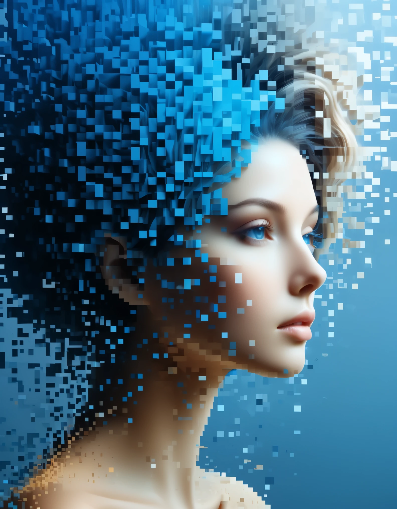 A blue gradient color dissolved pixel wall of a beautiful woman's head,3D voxel blocks,A structure that starts out intact but gradually disintegrates in the air,Sunlight shines in through the partially hollowed out,background universe