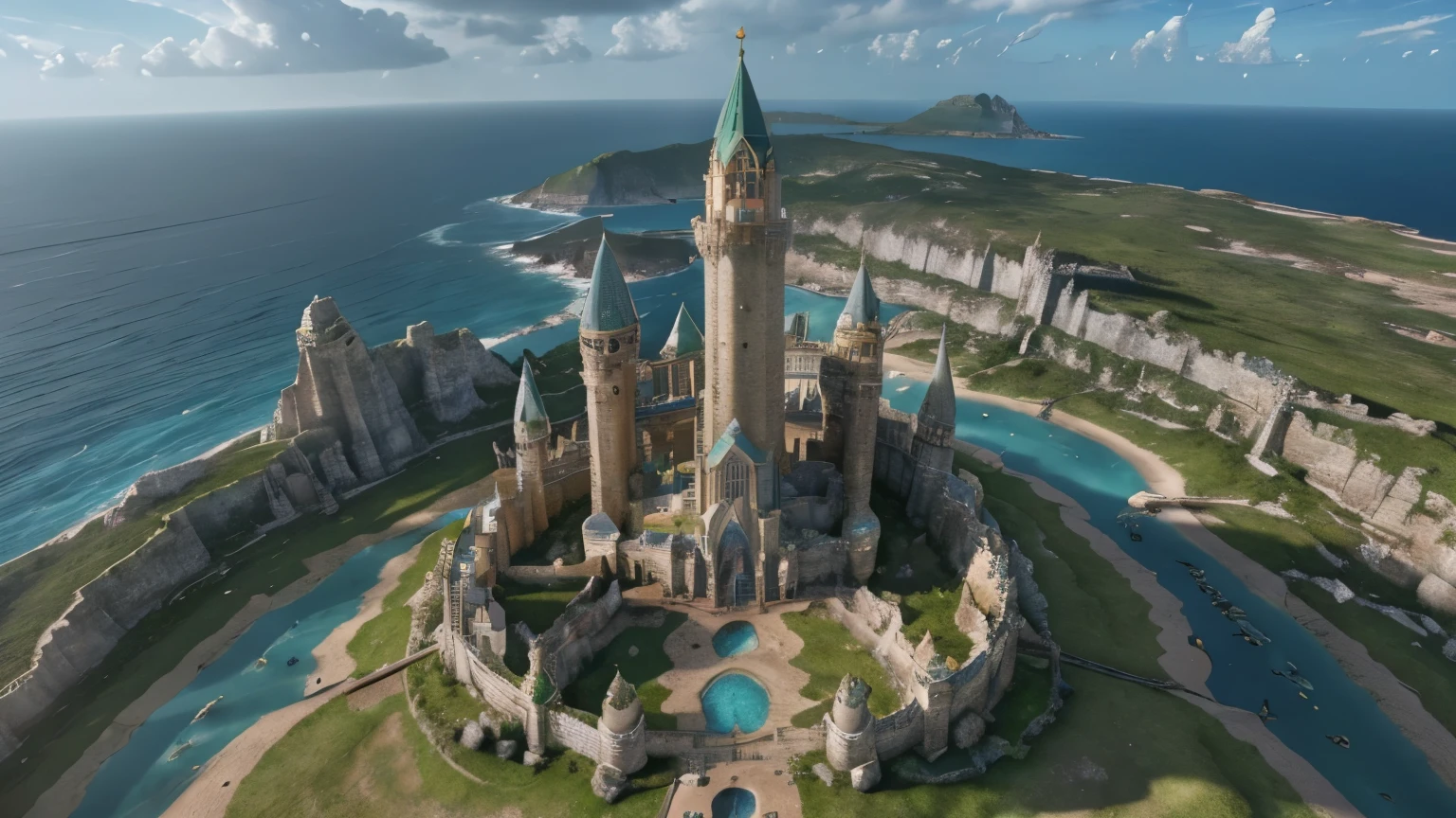 wide angle,fantasy,bird eye view,seaside city,Atlantis city set up,skyscraper castle,magic aura,lush greenery,(best quality:1.2),ultra-detailed,(realistic:1.37),HDR,UHD,studio lighting,extreme detail description,professional,vivid colors,portraits,landscape,colorful, enchanting lights
