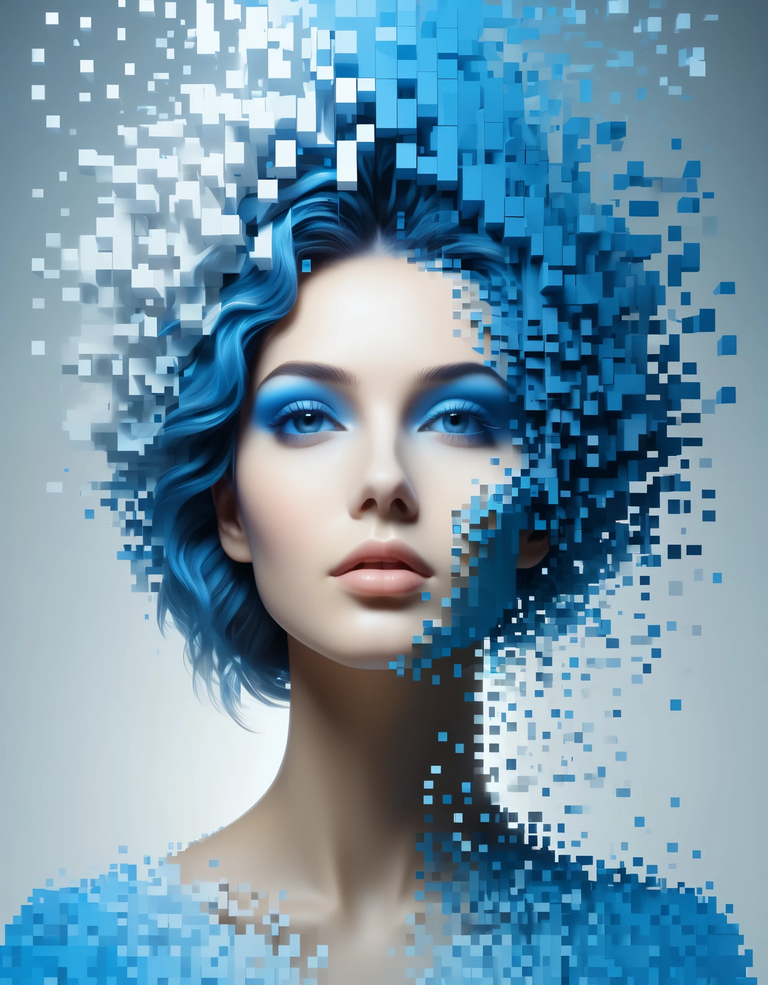 A blue gradient color dissolved pixel wall of a beautiful woman&#39;s head，3D voxel blocks，A structure that starts out intact but gradually disintegrates in the air，Sunlight shines in through the partially hollowed out，background universe